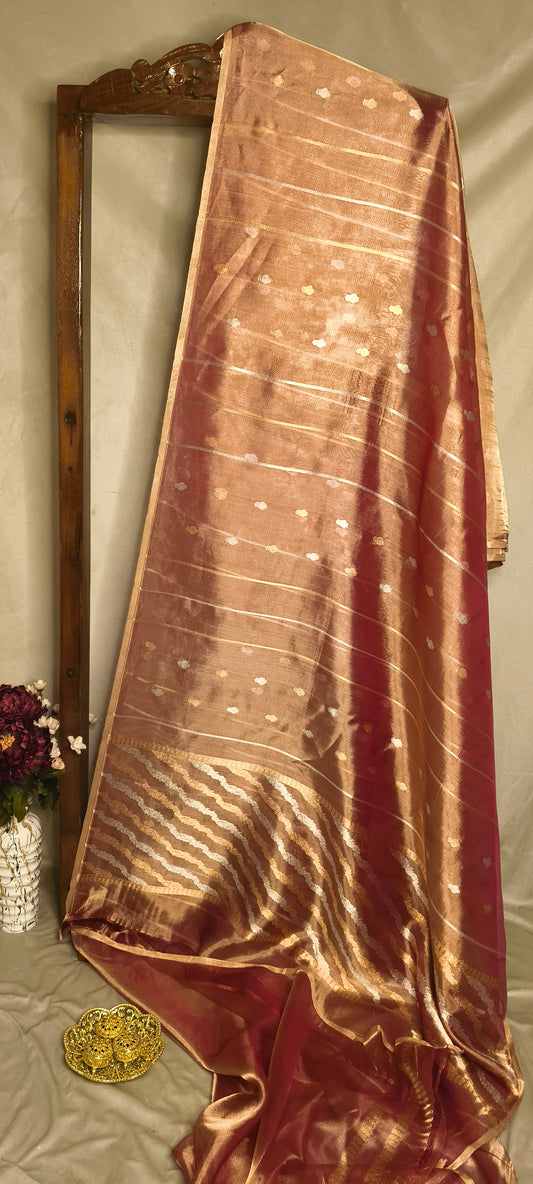 Peach Pure Tissue Silk Silver Antique Zari Booti Saree