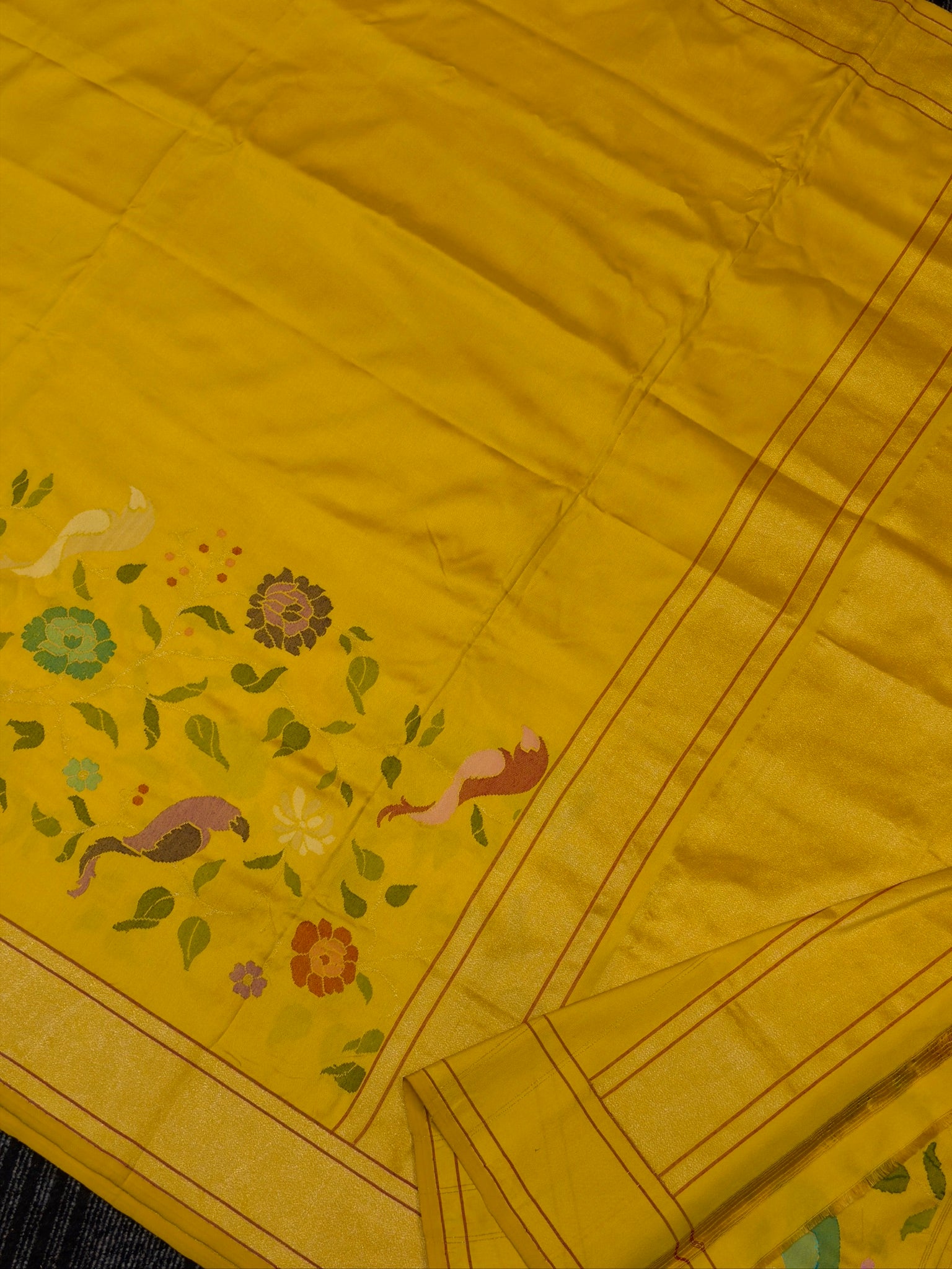 Mango Yellow Pure Banarasi Ektara Mulberry Silk Jamdani  With Skrt Border Handwoven Saree