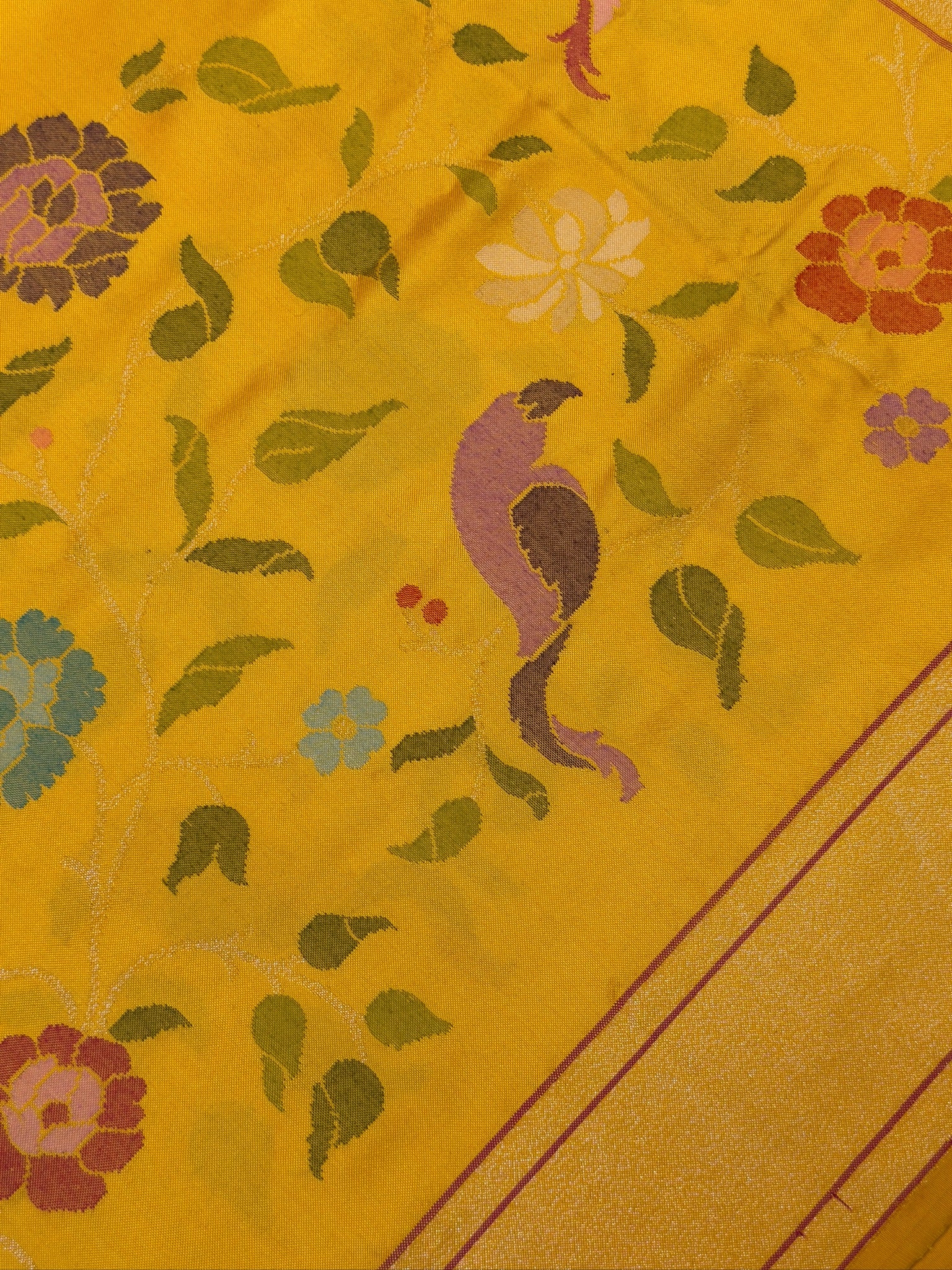Mango Yellow Pure Banarasi Ektara Mulberry Silk Jamdani  With Skrt Border Handwoven Saree