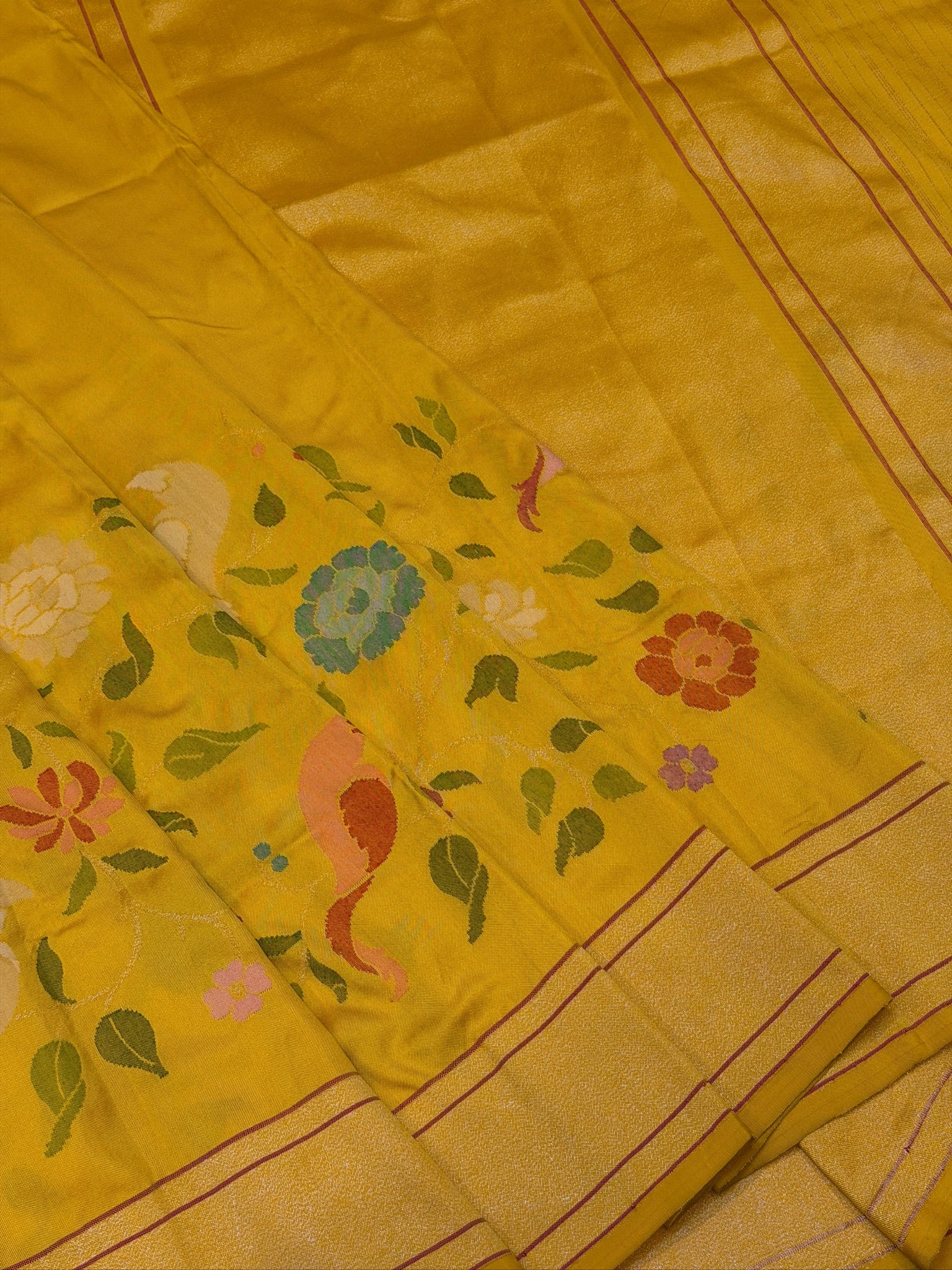 Mango Yellow Pure Banarasi Ektara Mulberry Silk Jamdani  With Skrt Border Handwoven Saree