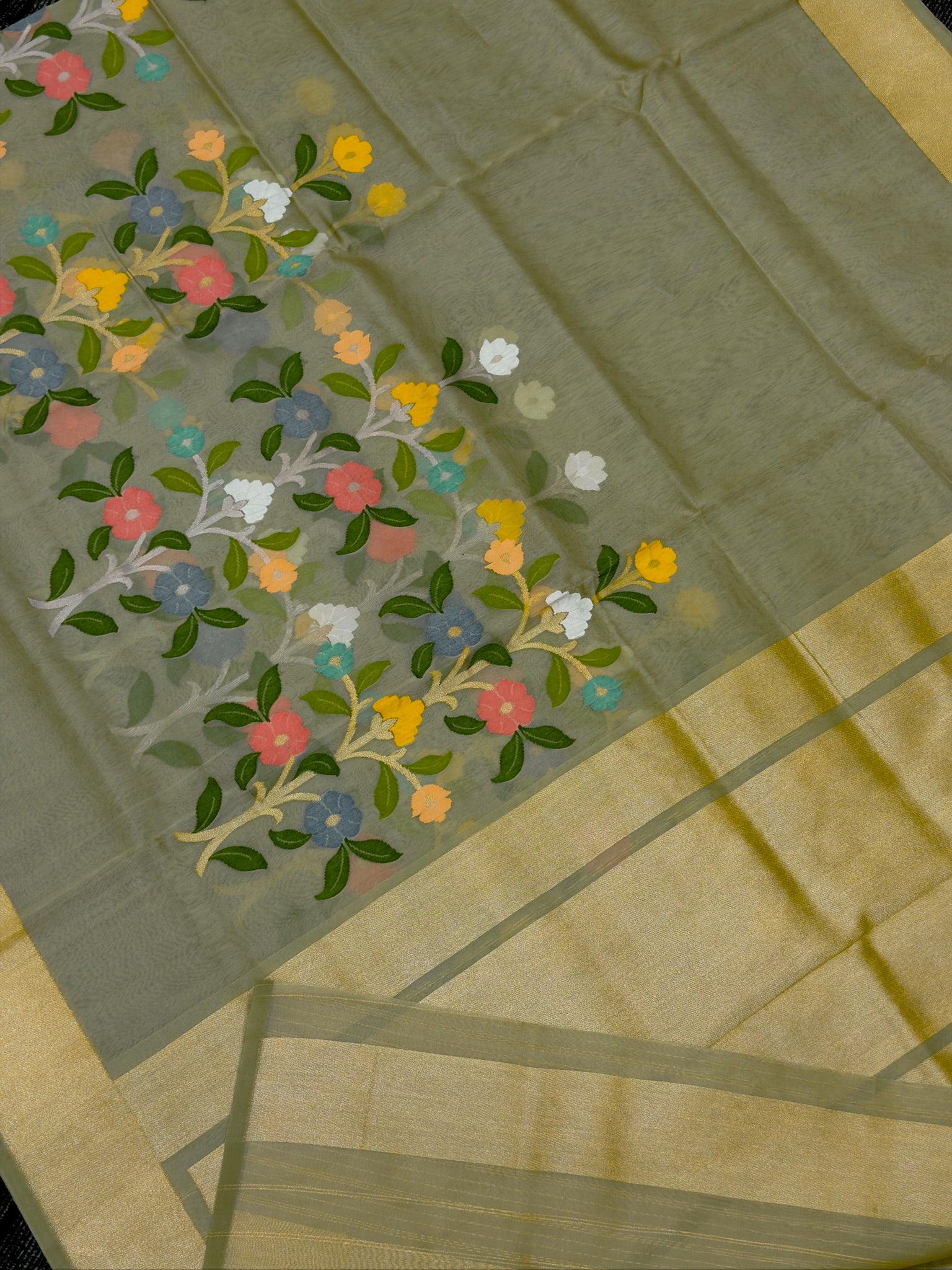 Pure Kora Organza Silk Jamdani Saree in Ash Green Handwoven Saree