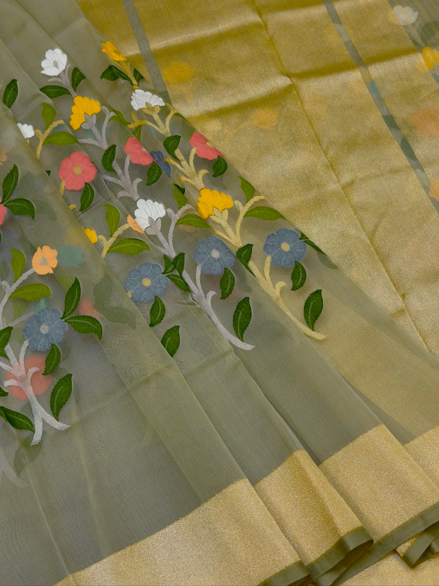 Pure Kora Organza Silk Jamdani Saree in Ash Green Handwoven Saree