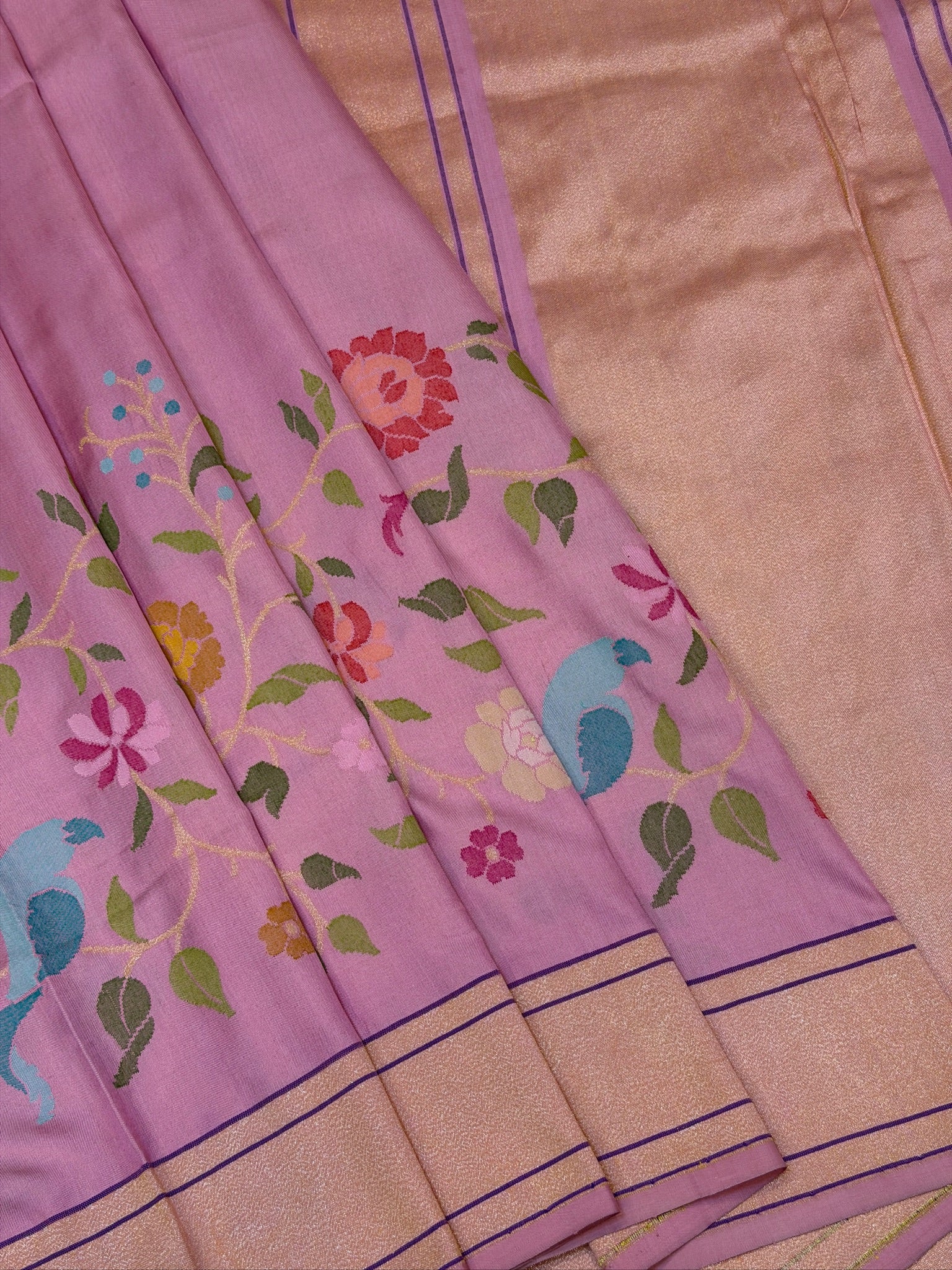 Powder Pink Pure Banarasi Ektara Mulberry Silk Jamdani  With Skrt Border Handwoven Saree