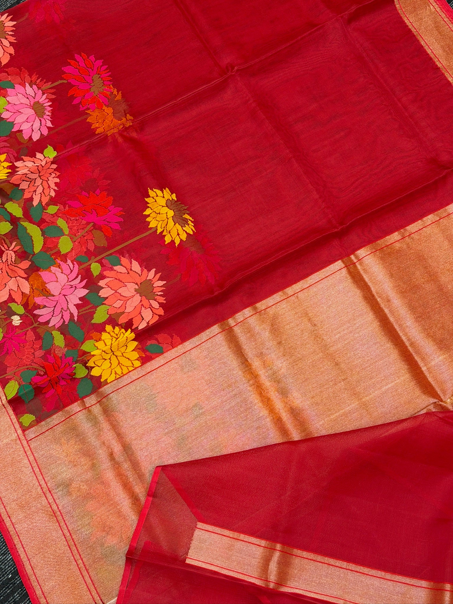 Pure Kora Organza Silk Jamdani Saree in Red with Skrt Border Handwoven Saree