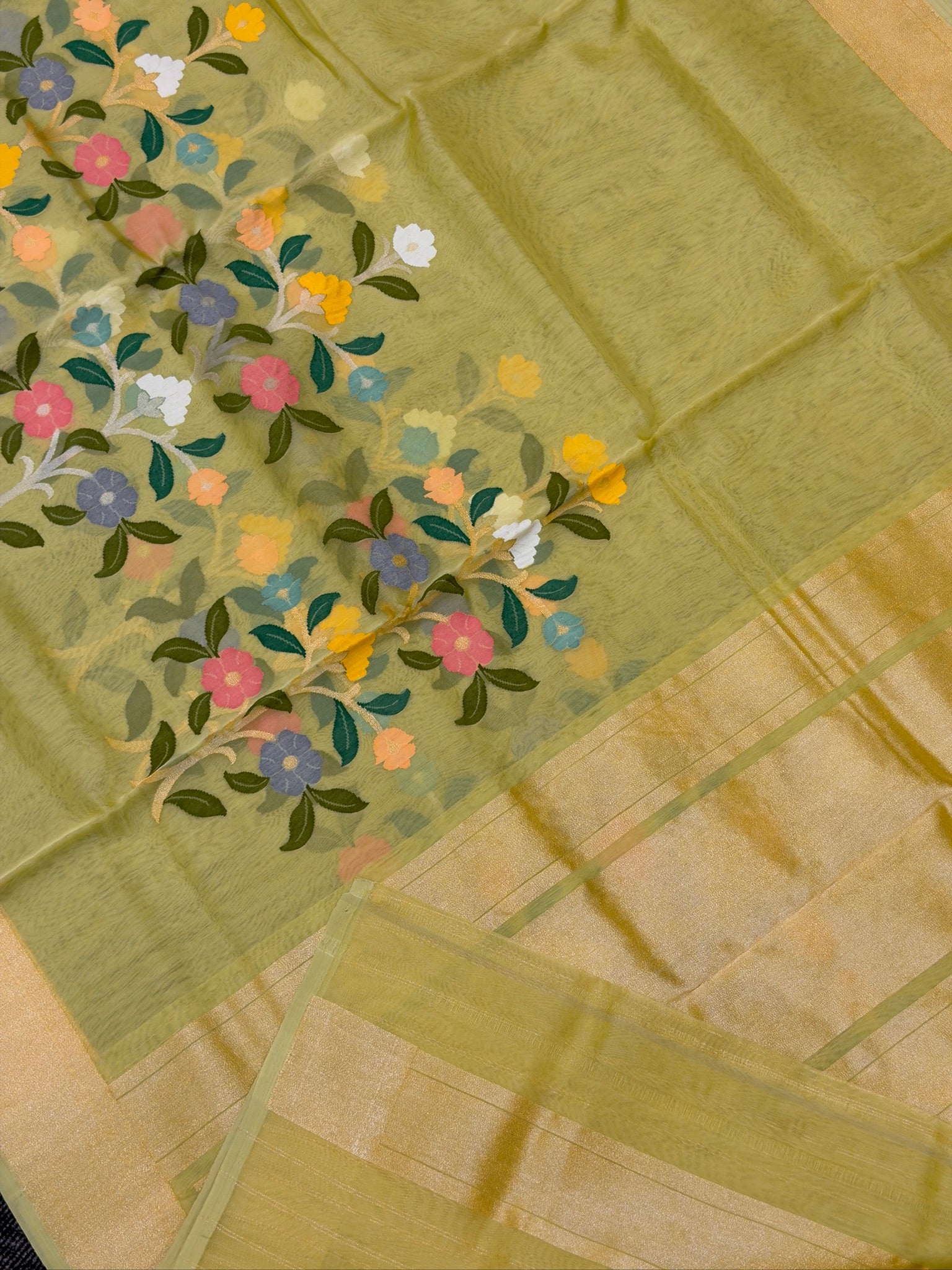 Pure Kora Organza Silk Jamdani Saree in Mehendi Lime Handwoven Saree