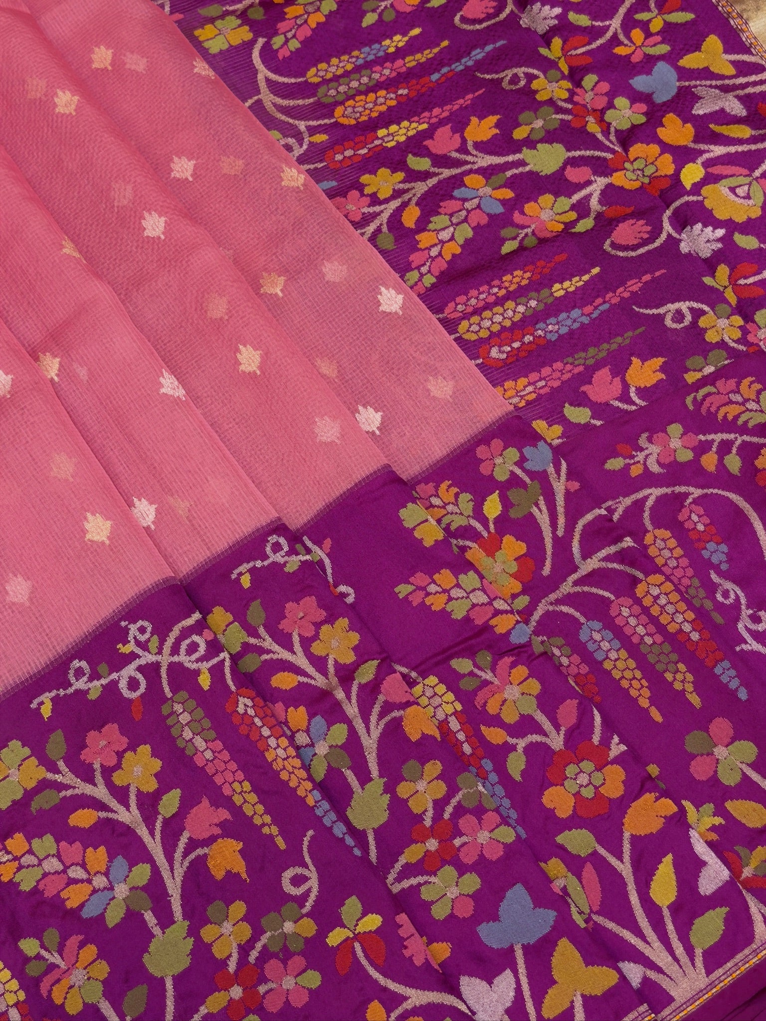 Pure Kora Organza Silk Jamdani Saree in Candy Pink Handwoven Saree