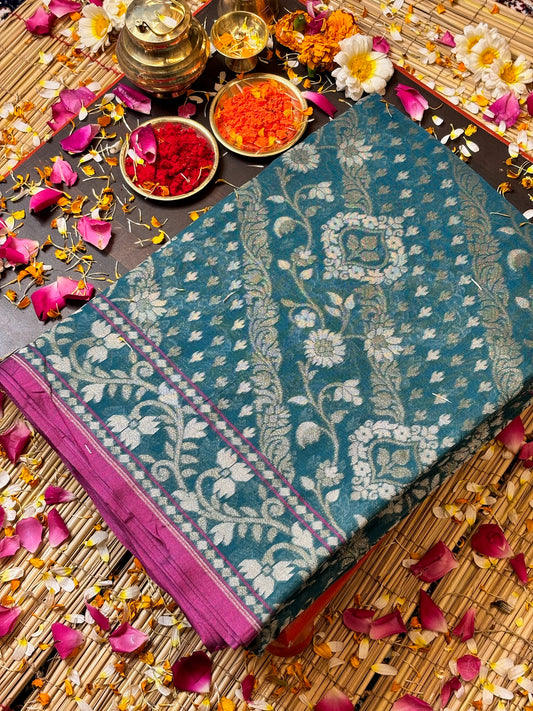 Pure Ektara Silk Jamdani Saree | Elegant Teal Blue Design