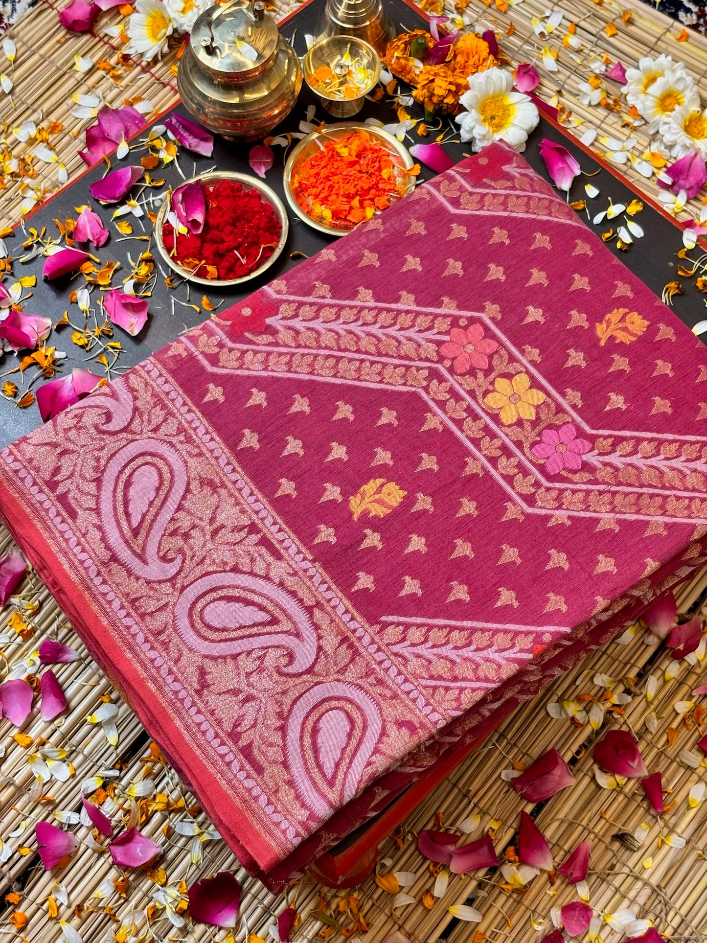 Pure Cotton Jamdani Saree | Elegant Berry Pink Design
