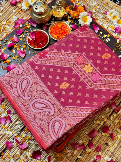 Pure Cotton Jamdani Saree | Elegant Berry Pink Design