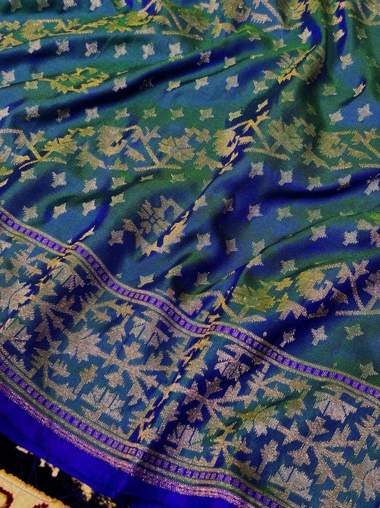 Pure Ektara Silk Jamdani Saree | Elegant Teal Blue  Design