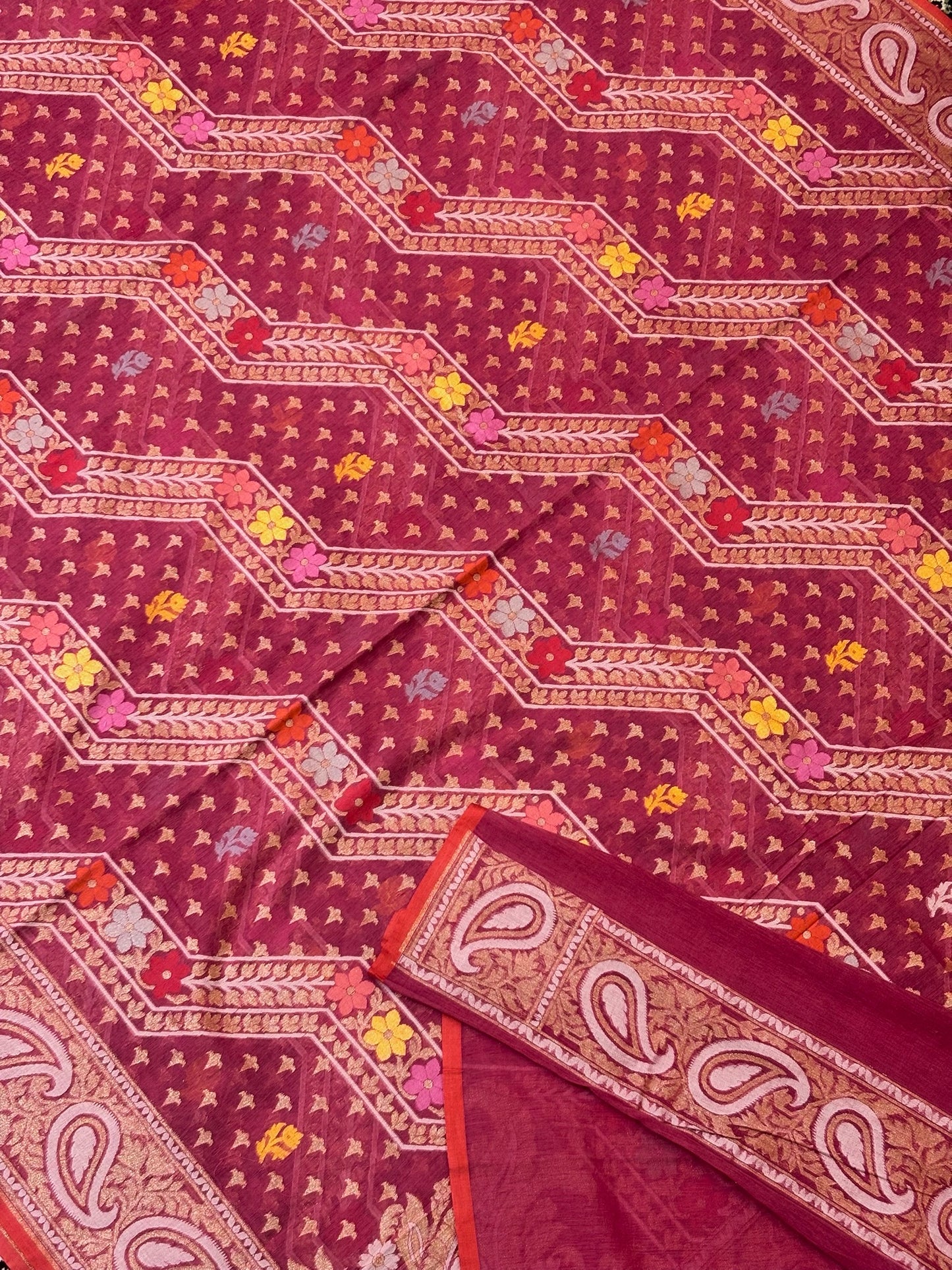 Pure Cotton Jamdani Saree | Elegant Berry Pink Design