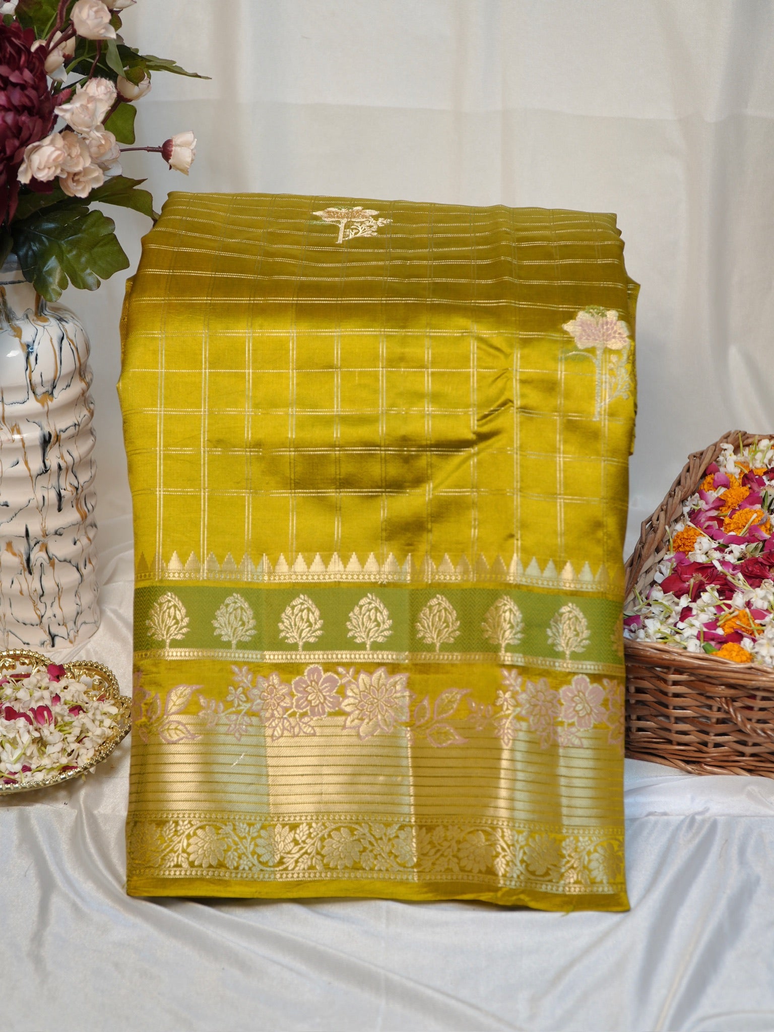 Olive Mustard 100% Pure Soft Katan Silk Saree