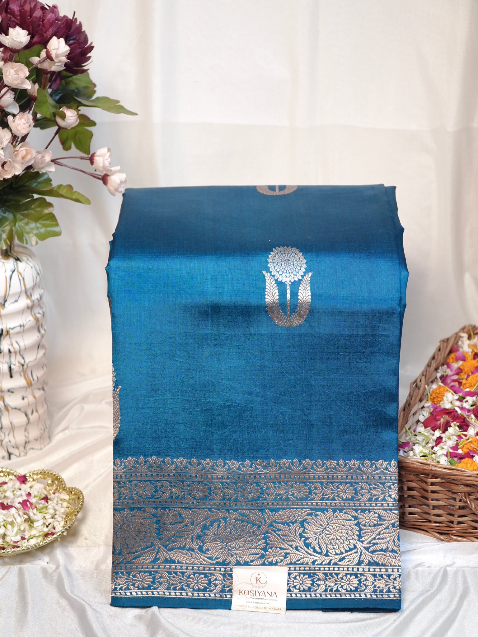 Teal Blue 100% Pure Soft Katan Silk Handwoven Saree