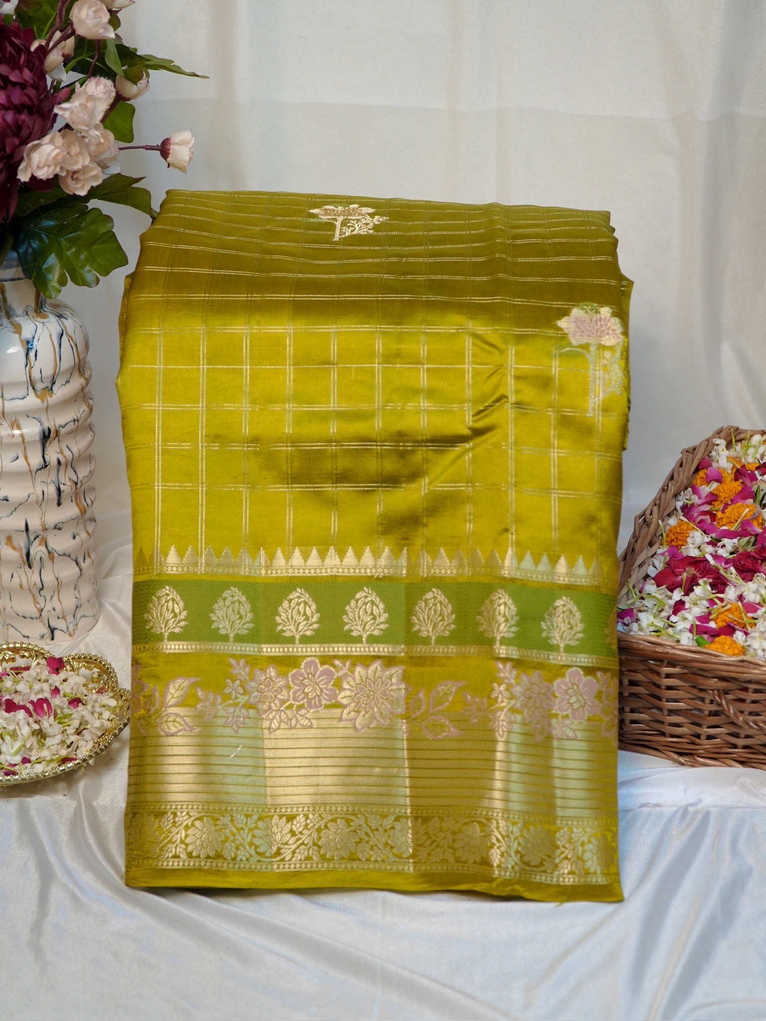 Olive Mustard 100% Pure Soft Katan Silk Saree