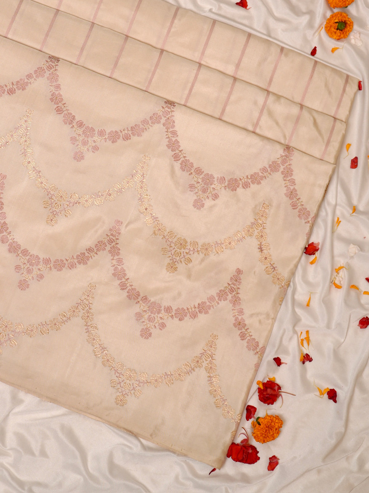 Ivory Pure Katan Silk Border Banarasi handwoven Saree