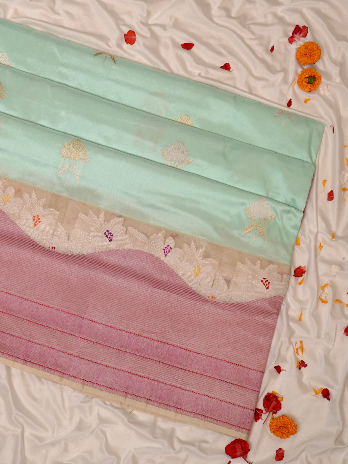 Sea Blue Pure Katan Silk Kadiyal Border Banarasi handwoven Saree
