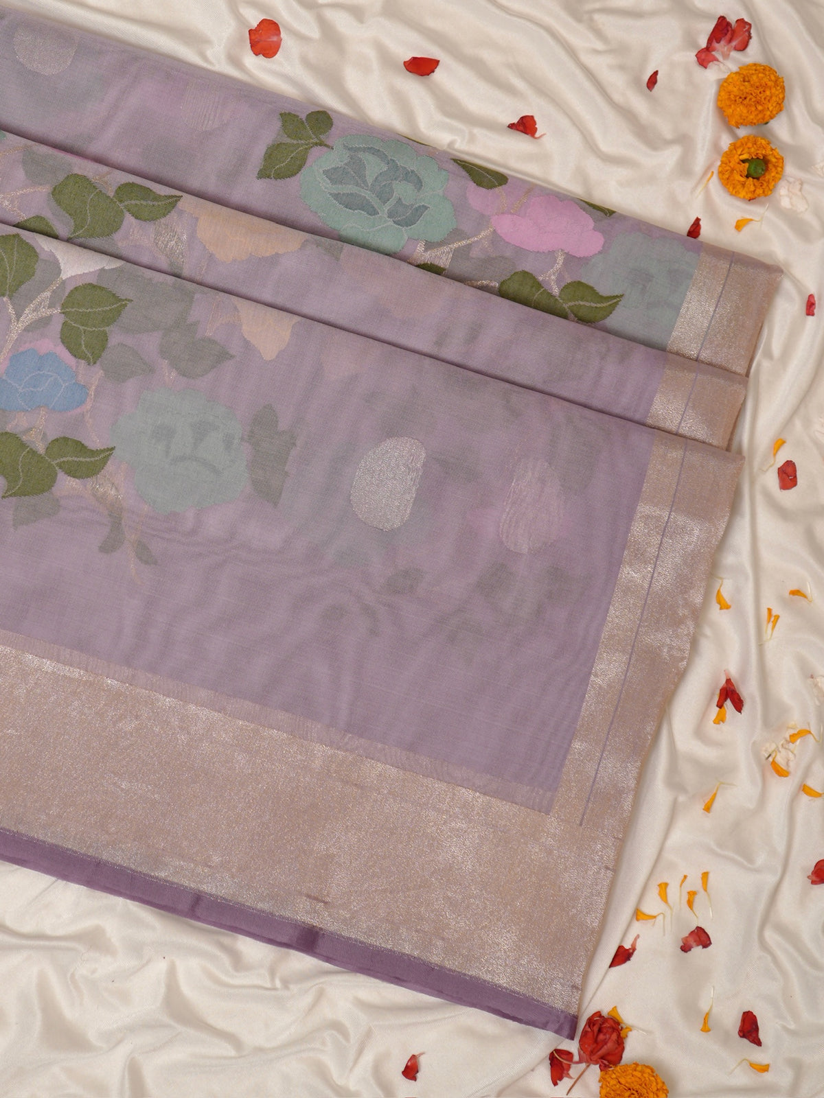 Pure Kora Silk Jamdani Saree in Lavender With Skrt Border Handwoven Saree