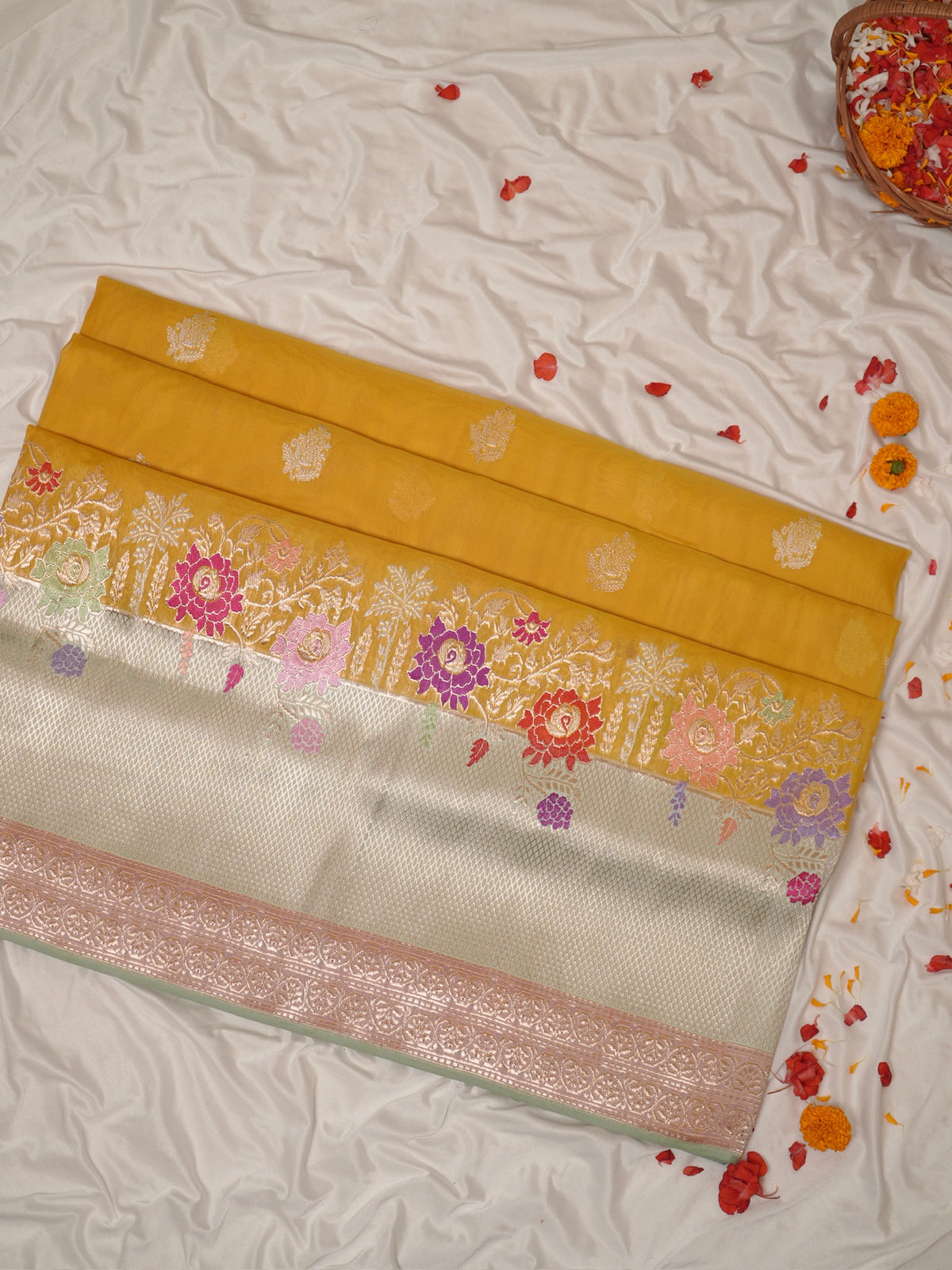 Musterd Yellow Pure kora Silk Kadiyal Border Banarasi handwoven Saree