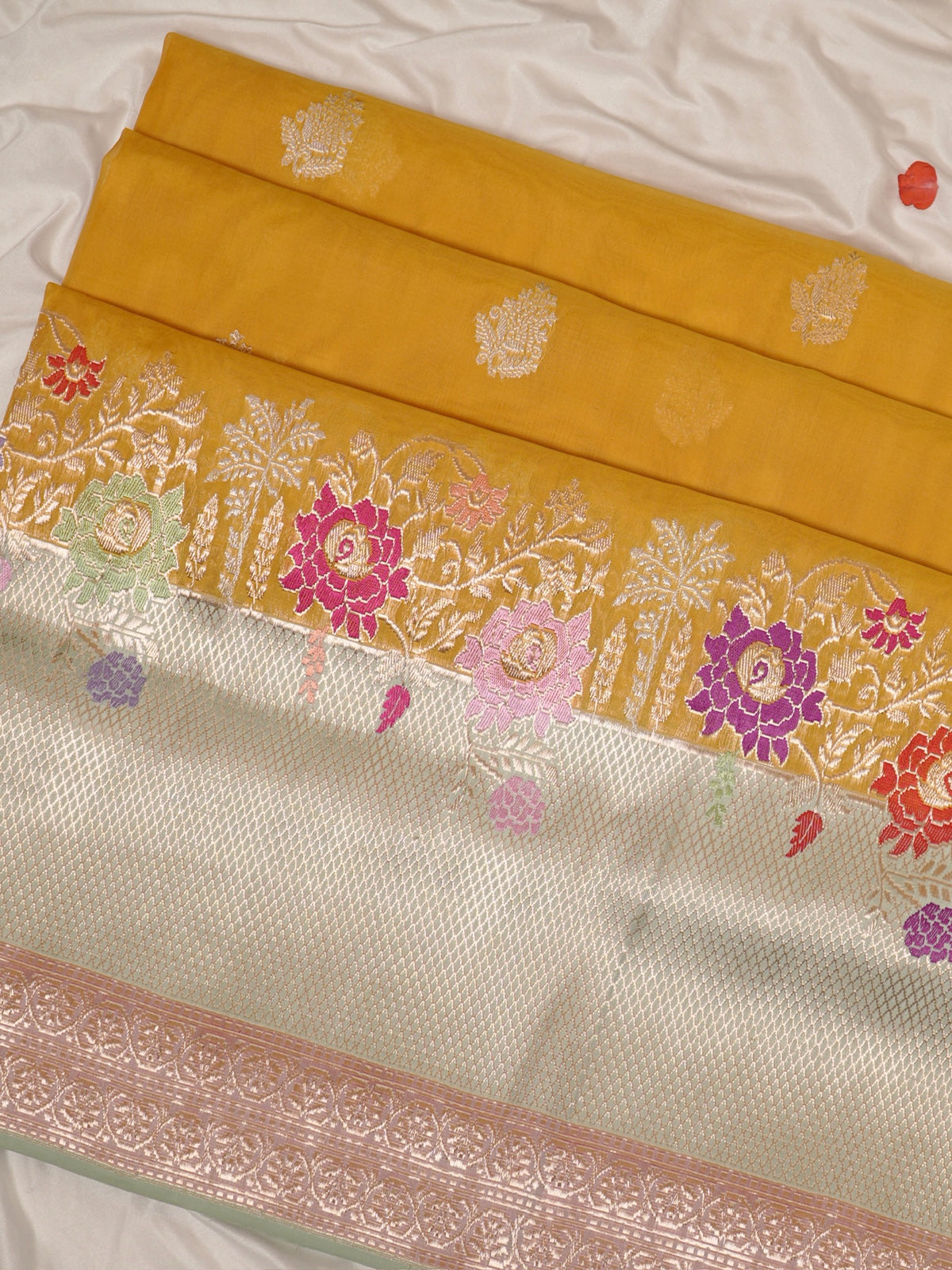 Musterd Yellow Pure kora Silk Kadiyal Border Banarasi handwoven Saree