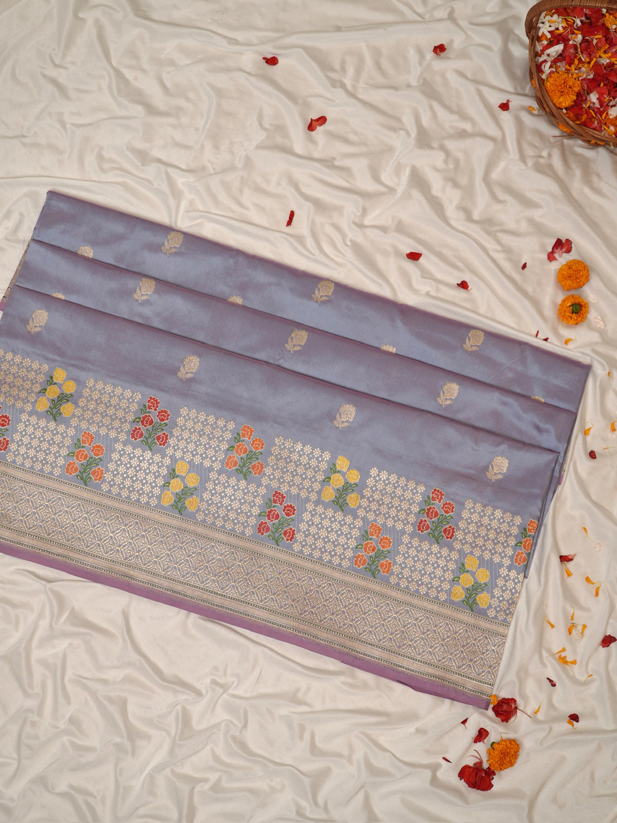 Teal Gray Pure Katan Silk Border Banarasi handwoven Saree