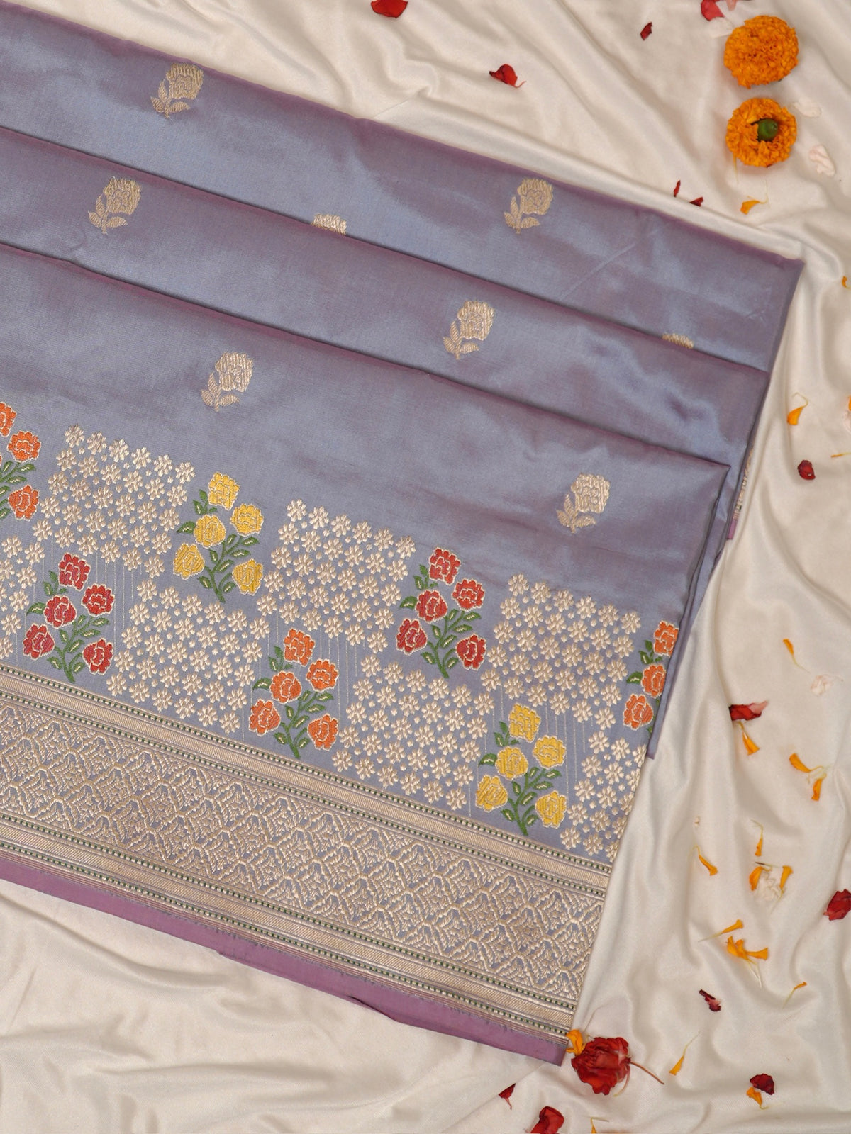 Teal Gray Pure Katan Silk Border Banarasi handwoven Saree