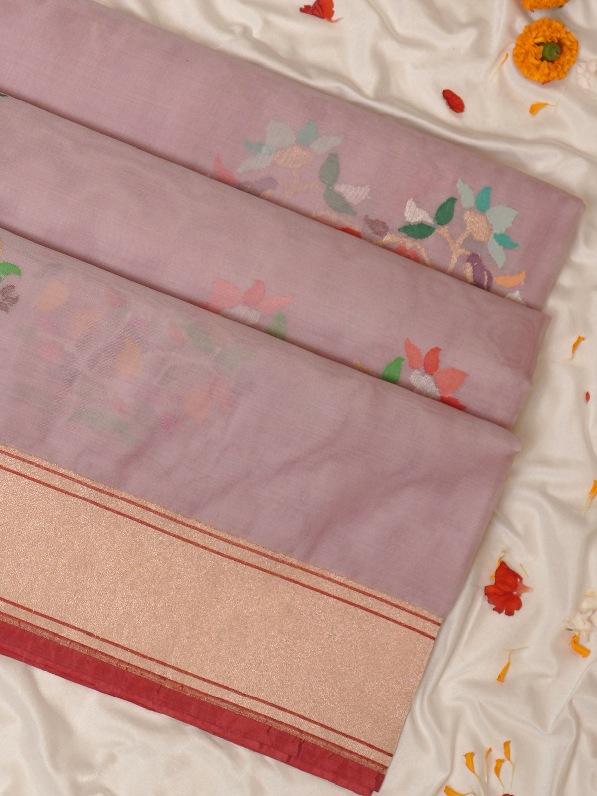 Pure Kora Silk Jamdani Saree in Pink With Skrt Border Handwoven Saree