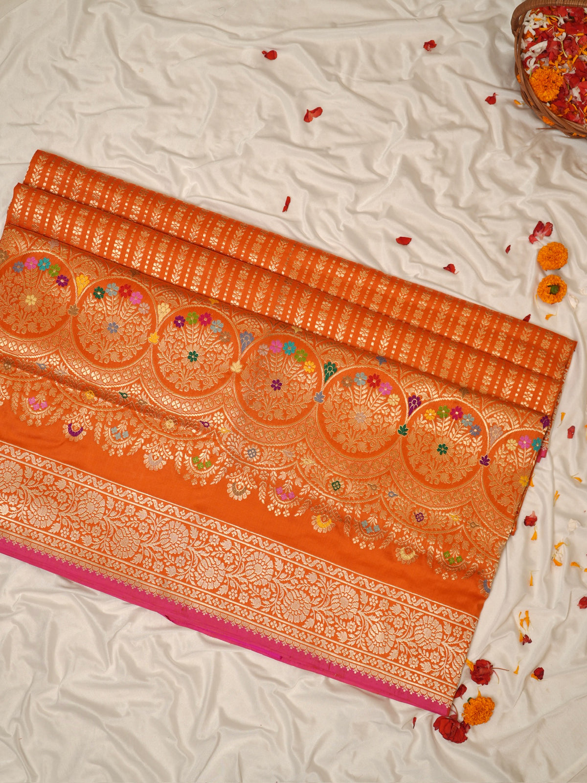 Orange Pure Katan Silk Border Banarasi handwoven Saree