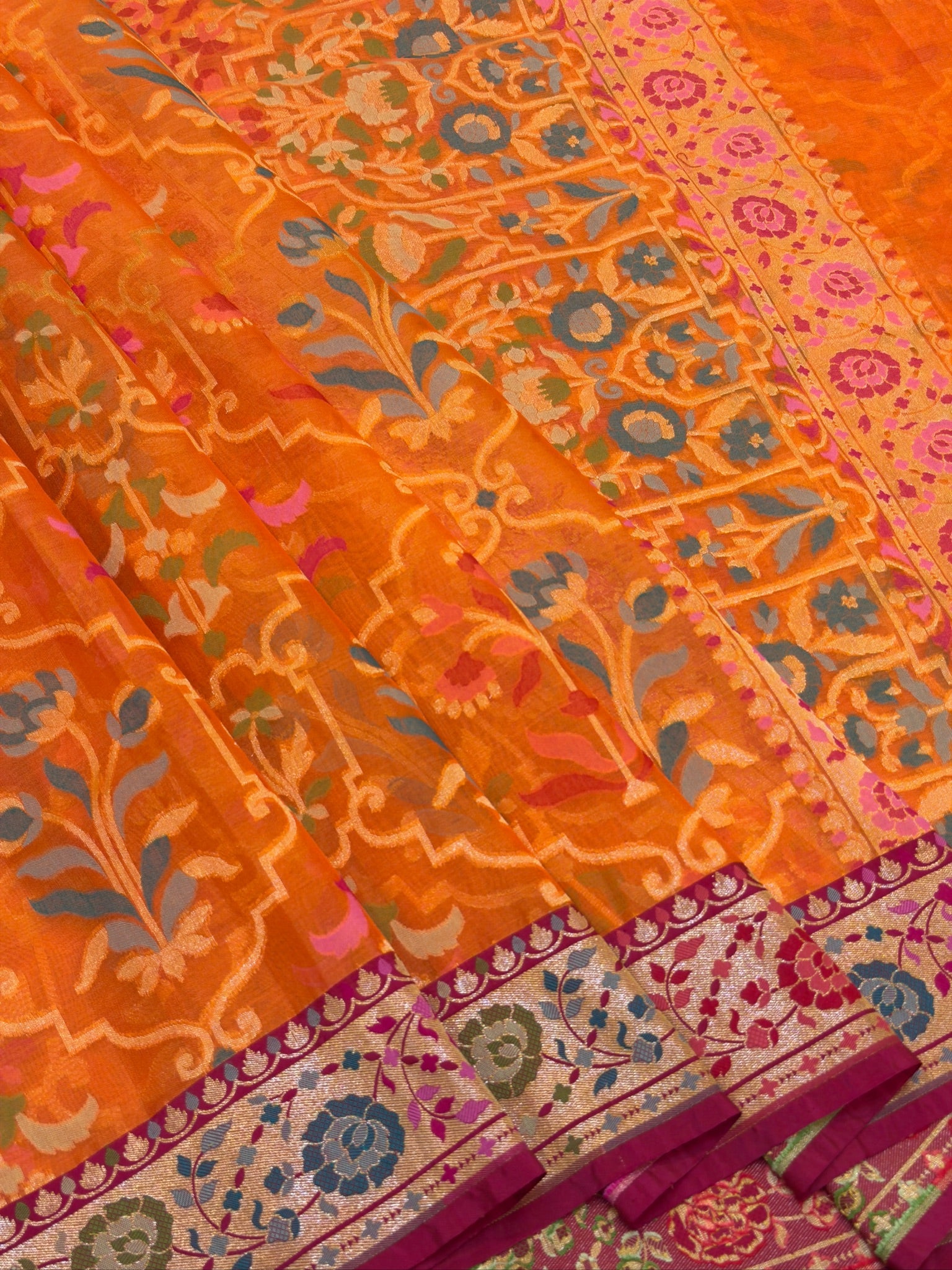Handwoven Kora Jamdani Silk Saree – Orange with Floral Zari Border
