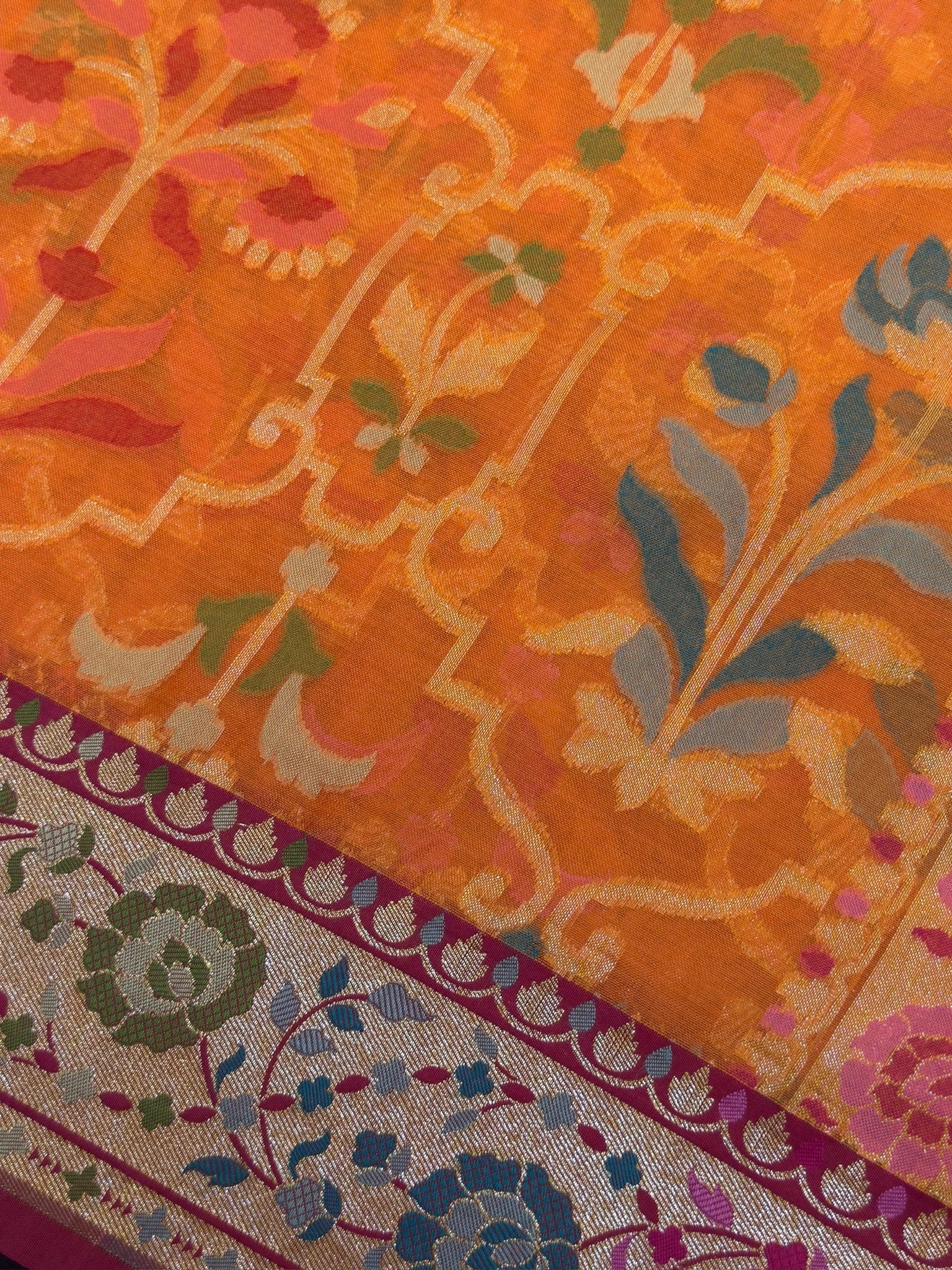 Handwoven Kora Jamdani Silk Saree – Orange with Floral Zari Border