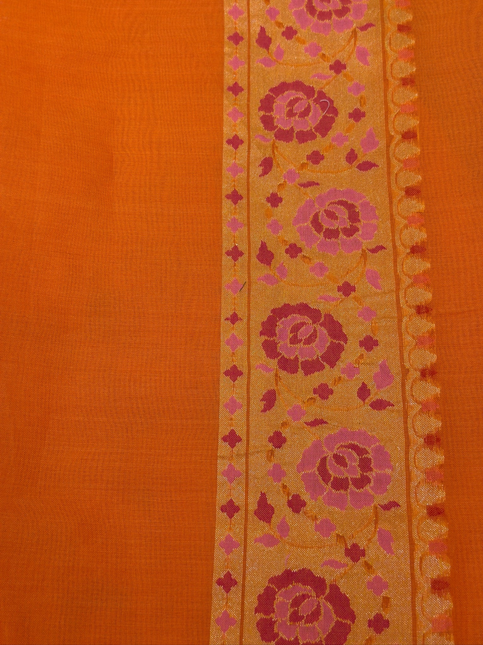 Handwoven Kora Jamdani Silk Saree – Orange with Floral Zari Border