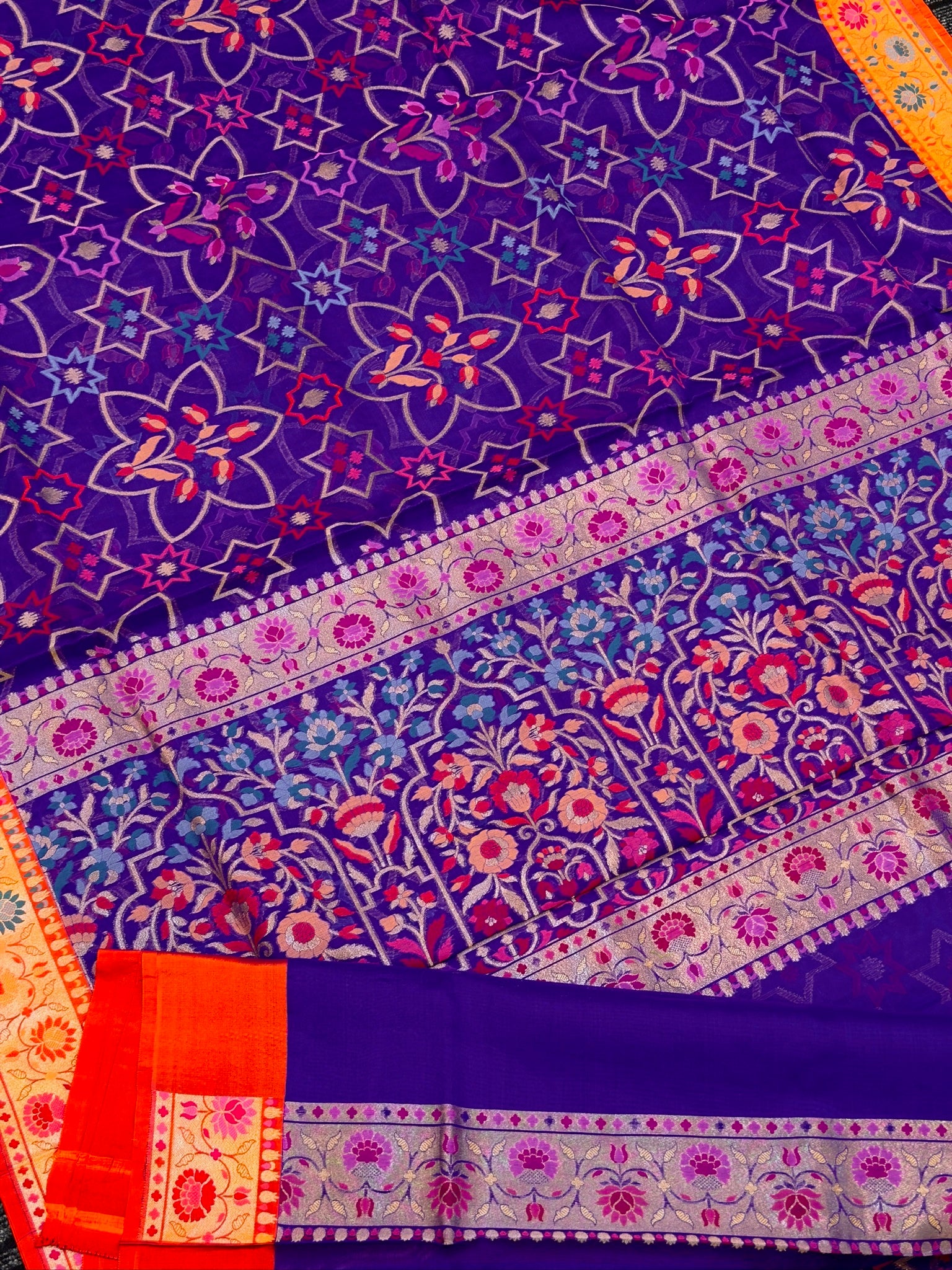 Handwoven Kora Jamdani Silk Saree – Purple with Contrast Floral Zari Border