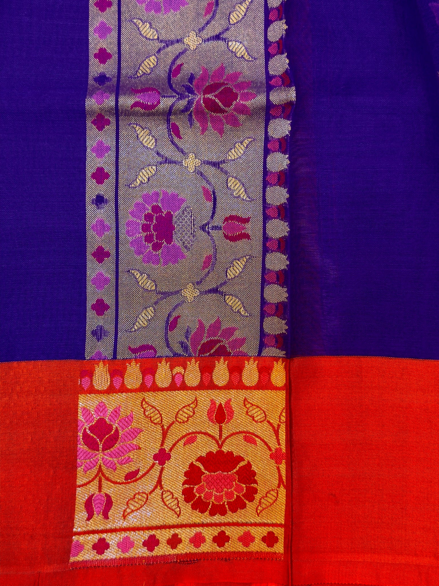 Handwoven Kora Jamdani Silk Saree – Purple with Contrast Floral Zari Border