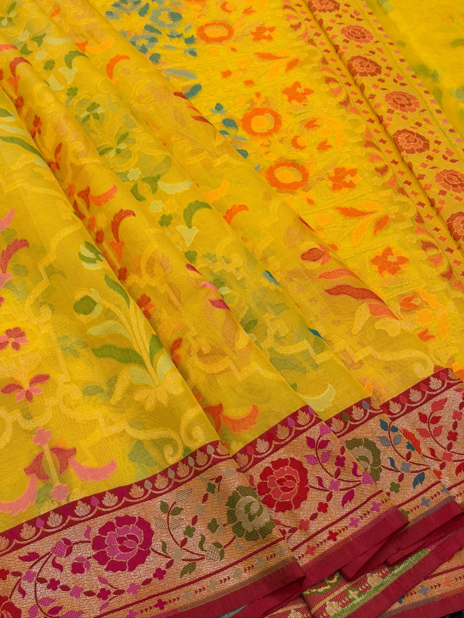 Handwoven Kora Jamdani Silk Saree – Yellow with Contrast Floral Zari Border