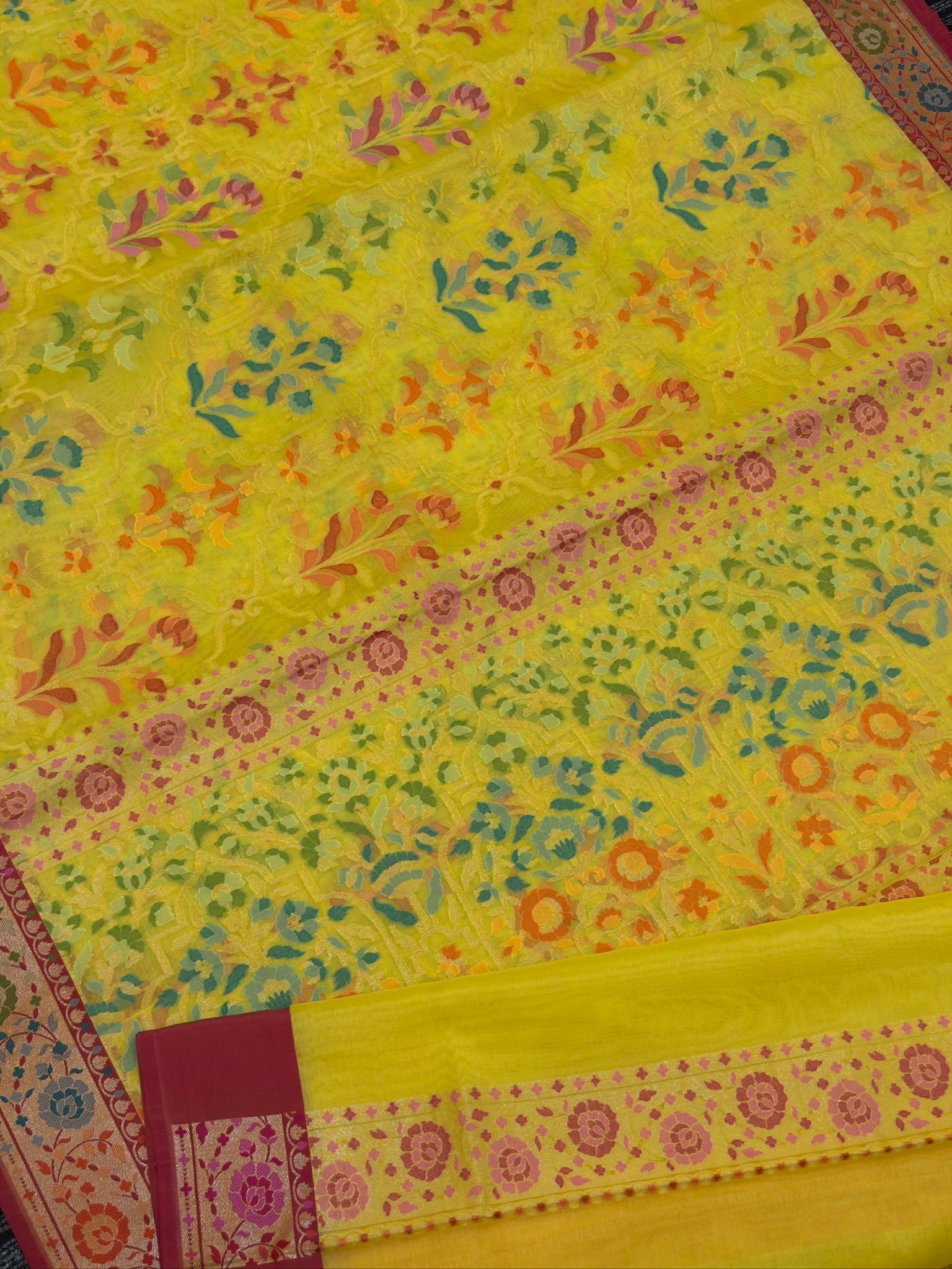 Handwoven Kora Jamdani Silk Saree – Yellow with Contrast Floral Zari Border