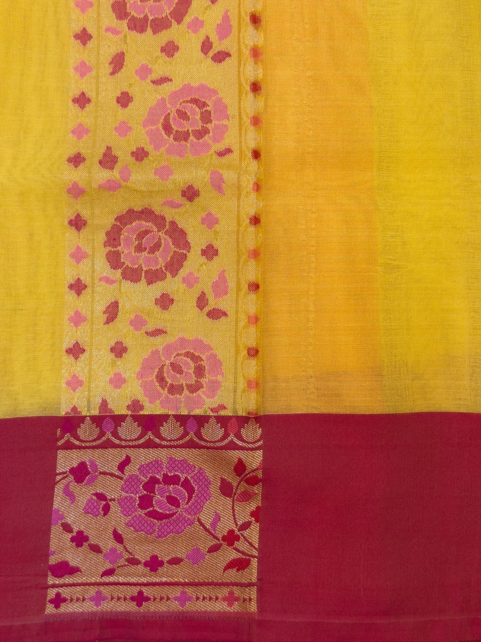 Handwoven Kora Jamdani Silk Saree – Yellow with Contrast Floral Zari Border
