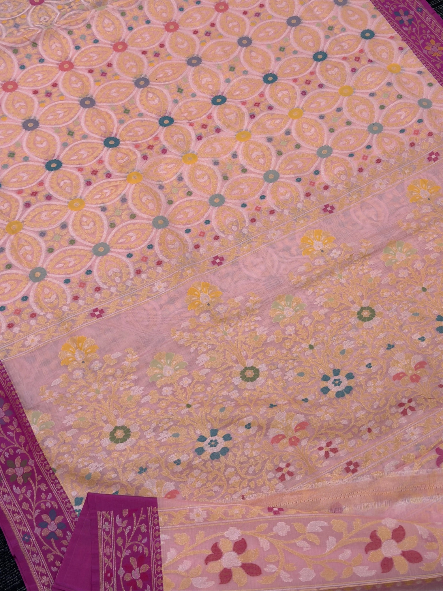 Handwoven Kora Jamdani Silk Saree –  Powder Pink with Contrast Floral Zari Border