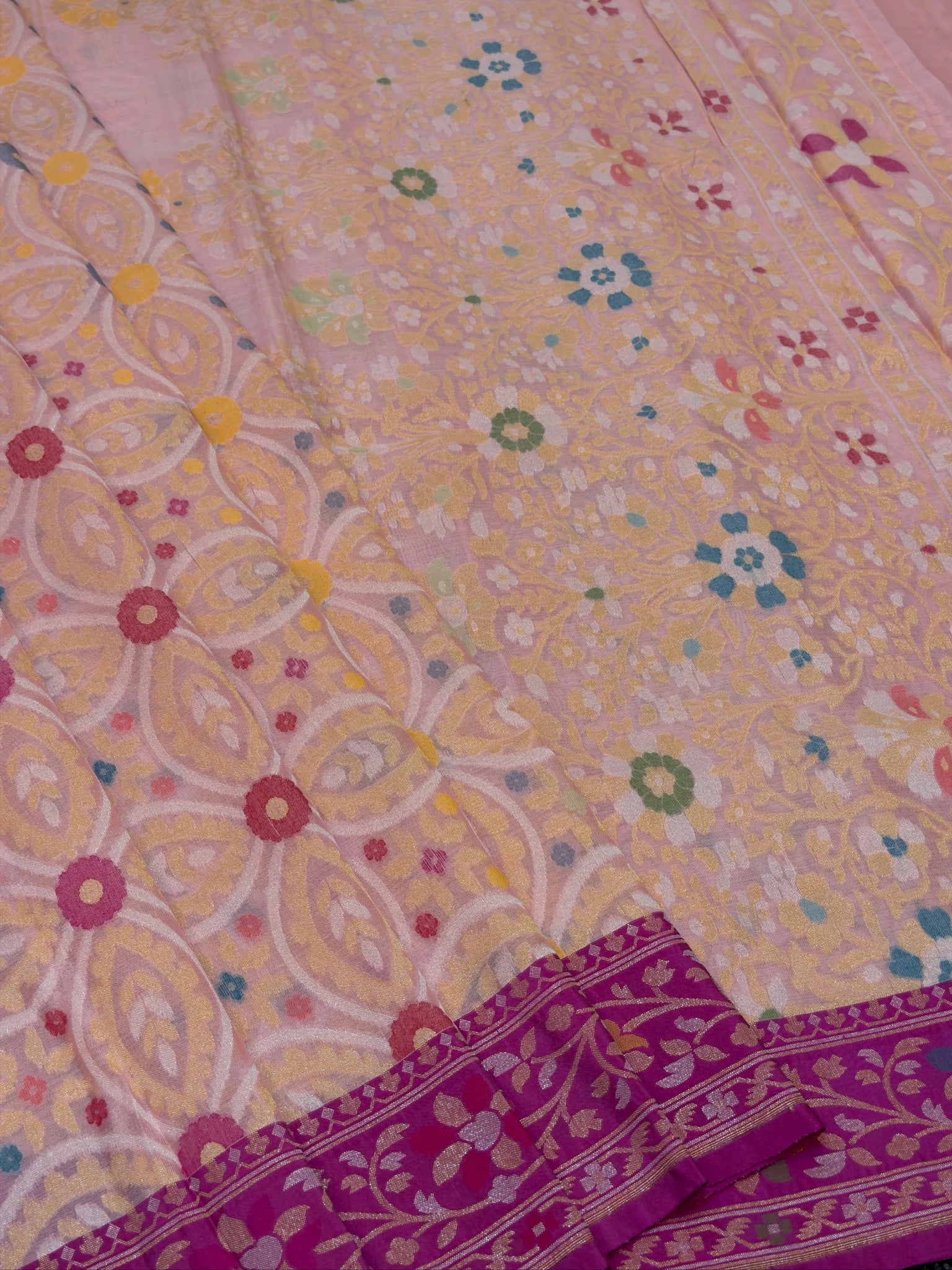 Handwoven Kora Jamdani Silk Saree –  Powder Pink with Contrast Floral Zari Border