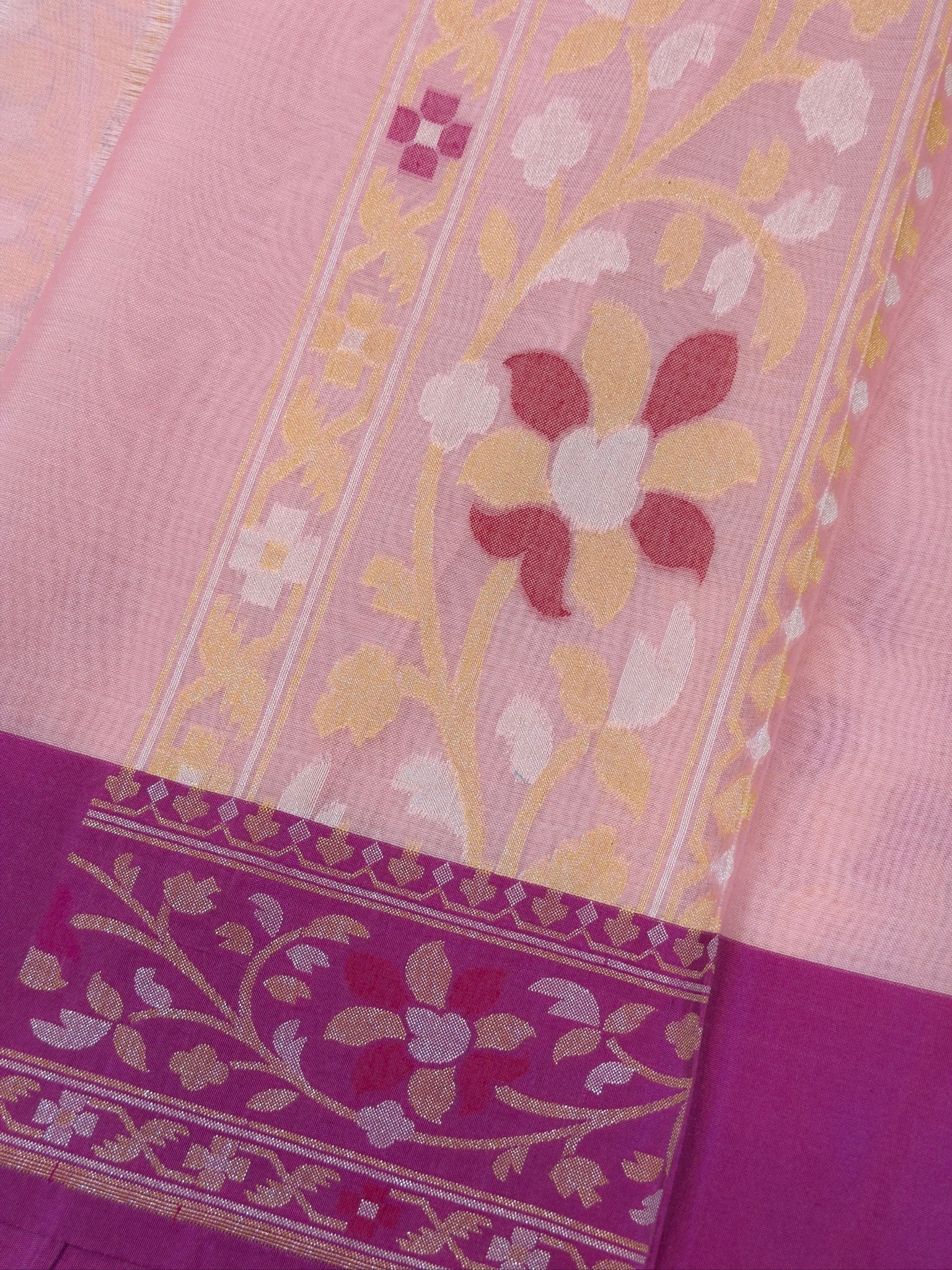 Handwoven Kora Jamdani Silk Saree –  Powder Pink with Contrast Floral Zari Border