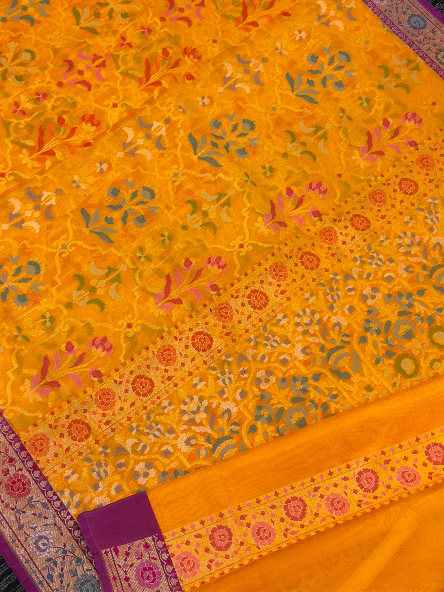Handwoven Kora Jamdani Silk Saree –  Sunflower Yellow with Contrast Floral Zari Border