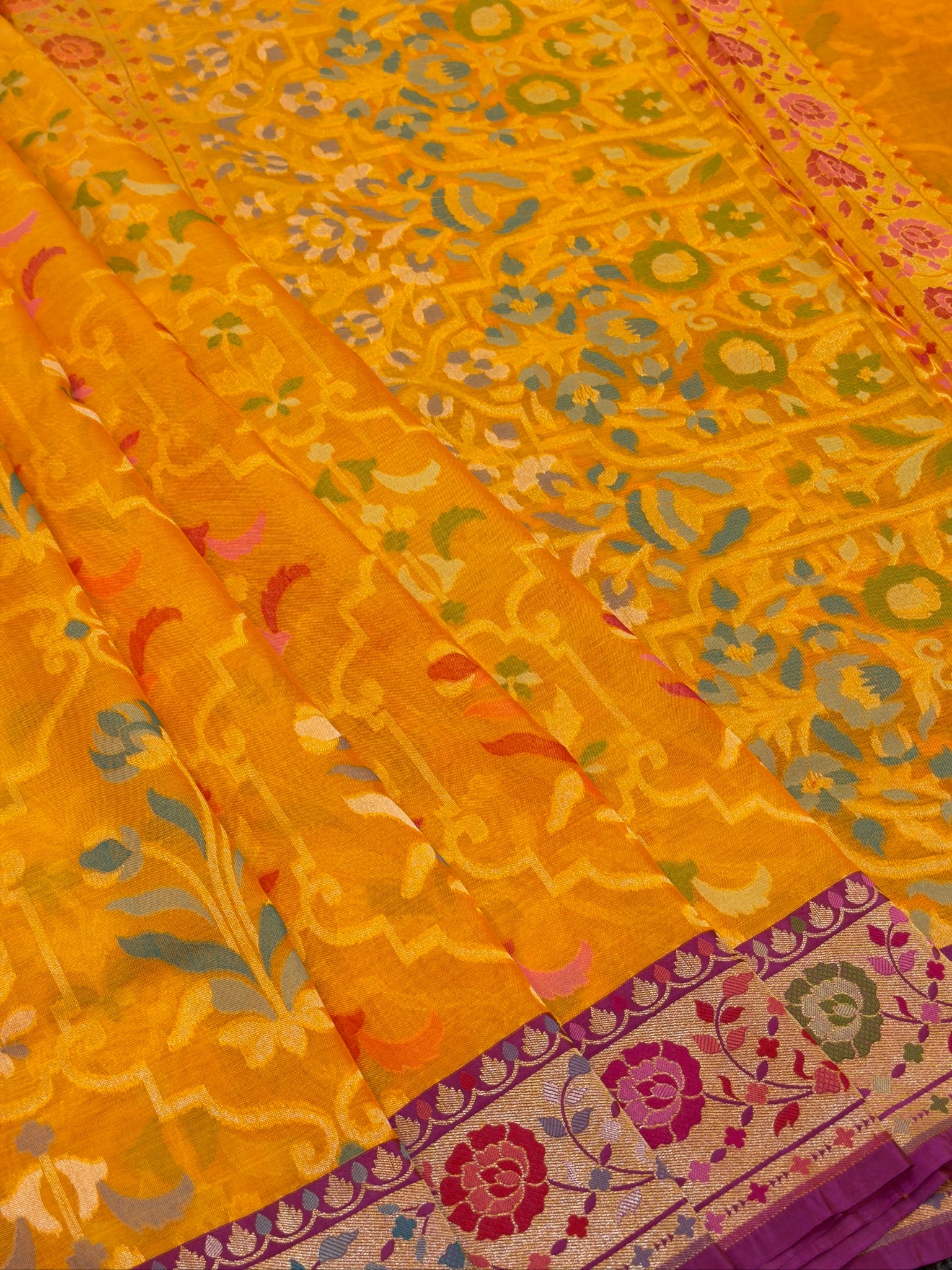 Handwoven Kora Jamdani Silk Saree –  Sunflower Yellow with Contrast Floral Zari Border