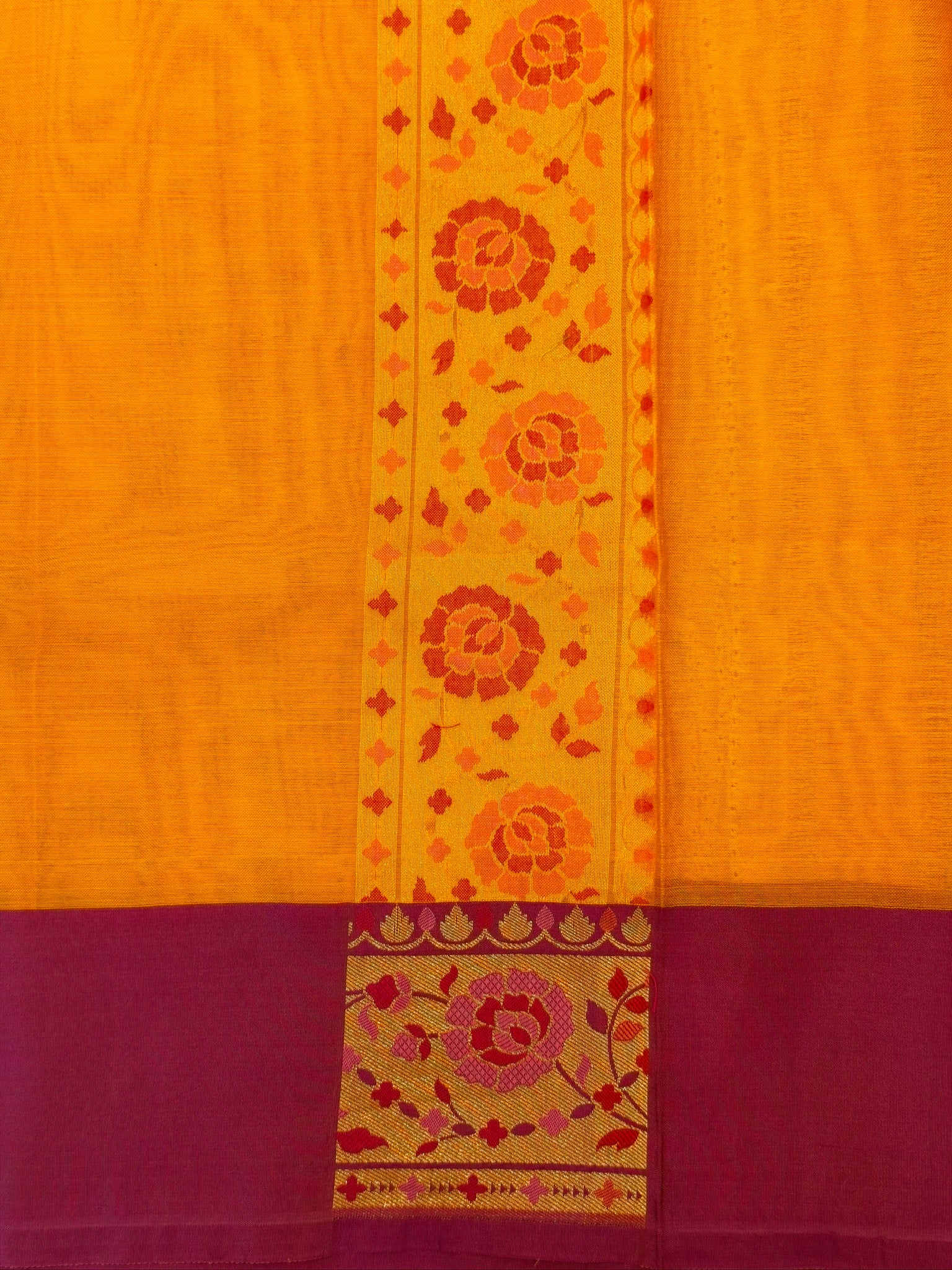 Handwoven Kora Jamdani Silk Saree –  Sunflower Yellow with Contrast Floral Zari Border