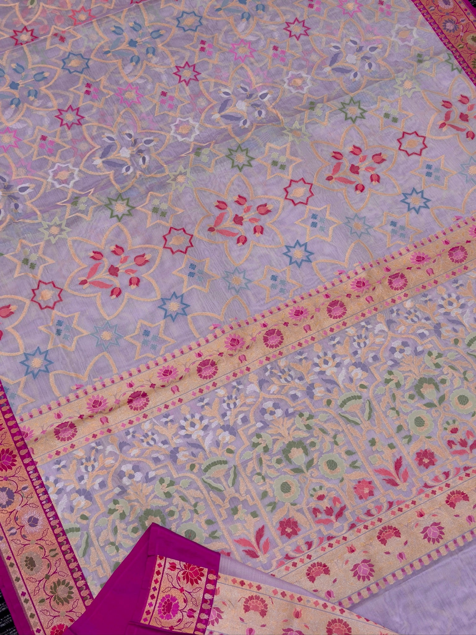 Handwoven Kora Jamdani Silk Saree –  Powder Lavender with Contrast Floral Zari Border