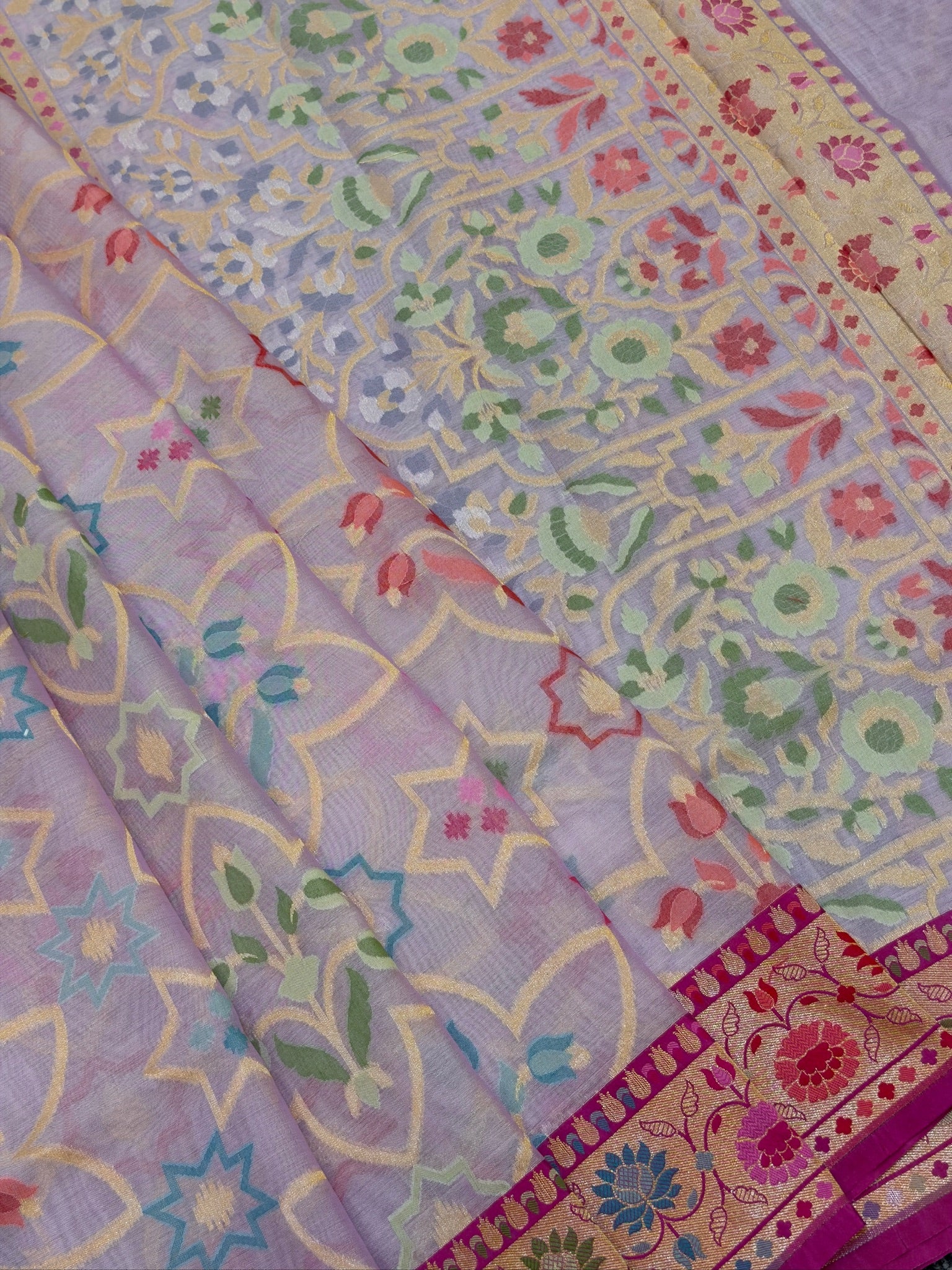 Handwoven Kora Jamdani Silk Saree –  Powder Lavender with Contrast Floral Zari Border