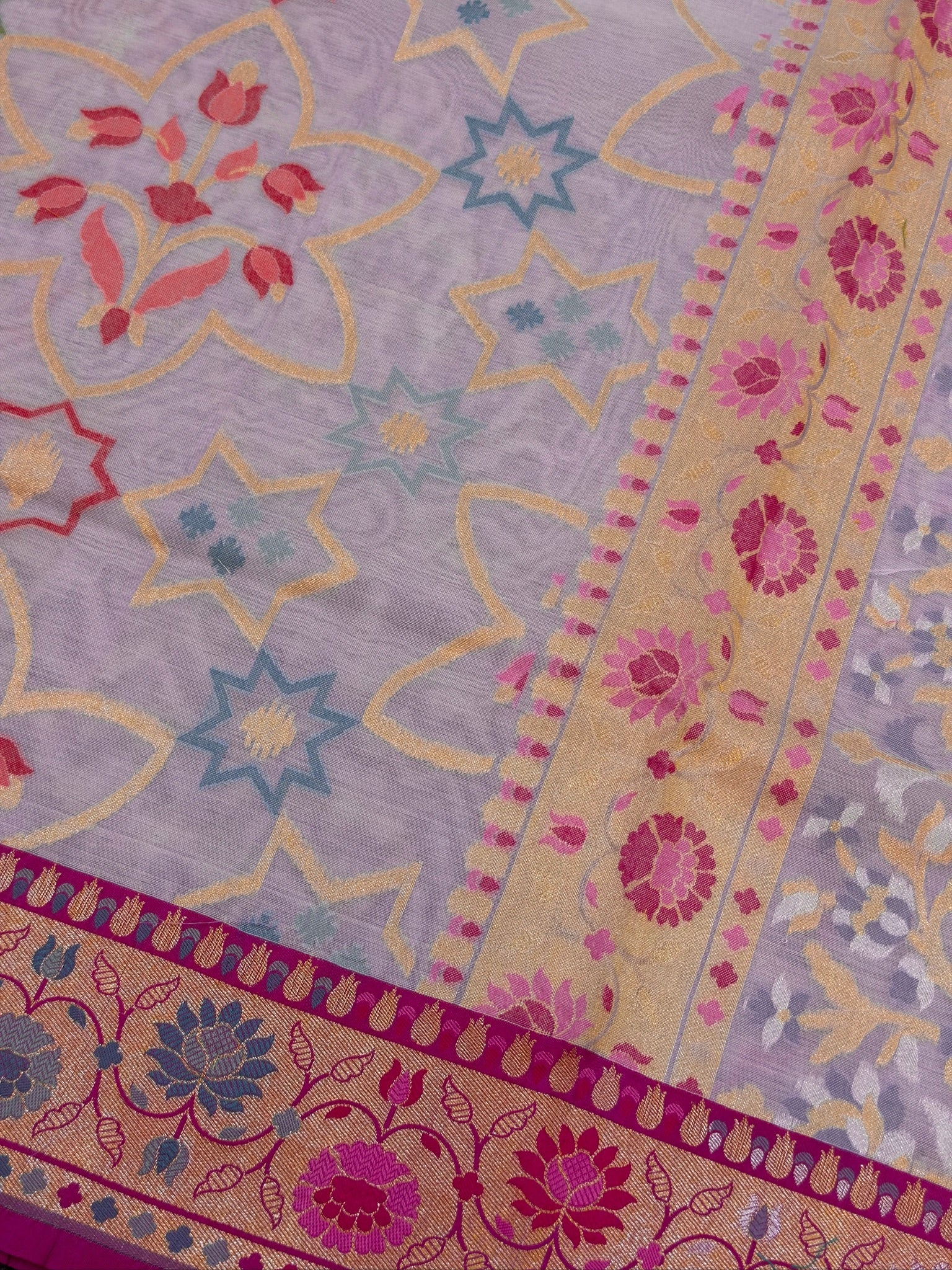Handwoven Kora Jamdani Silk Saree –  Powder Lavender with Contrast Floral Zari Border