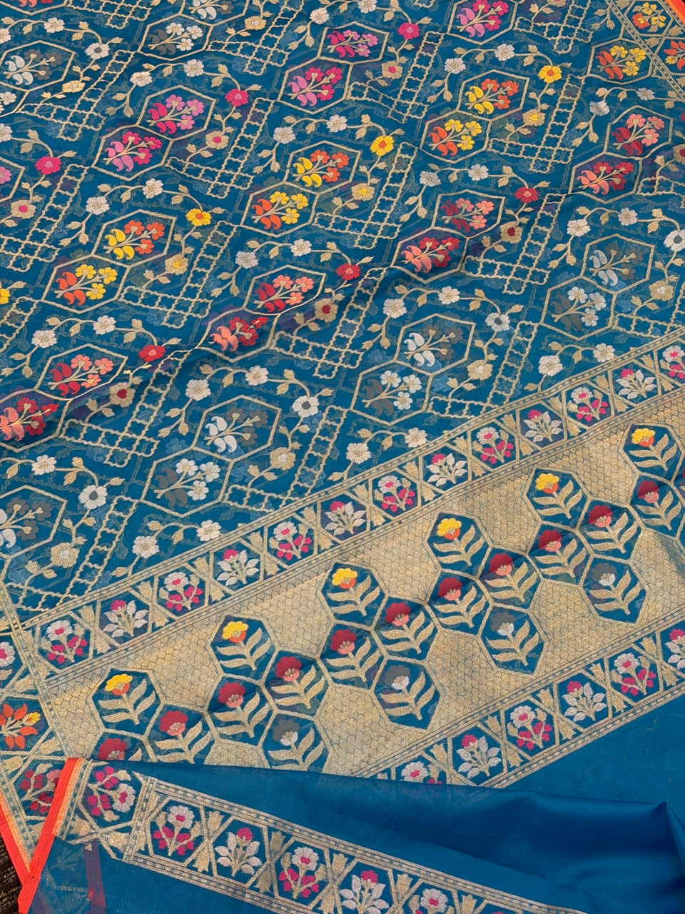 Handwoven Kora Jamdani Silk Saree – Teal Blue  with Floral Zari Border