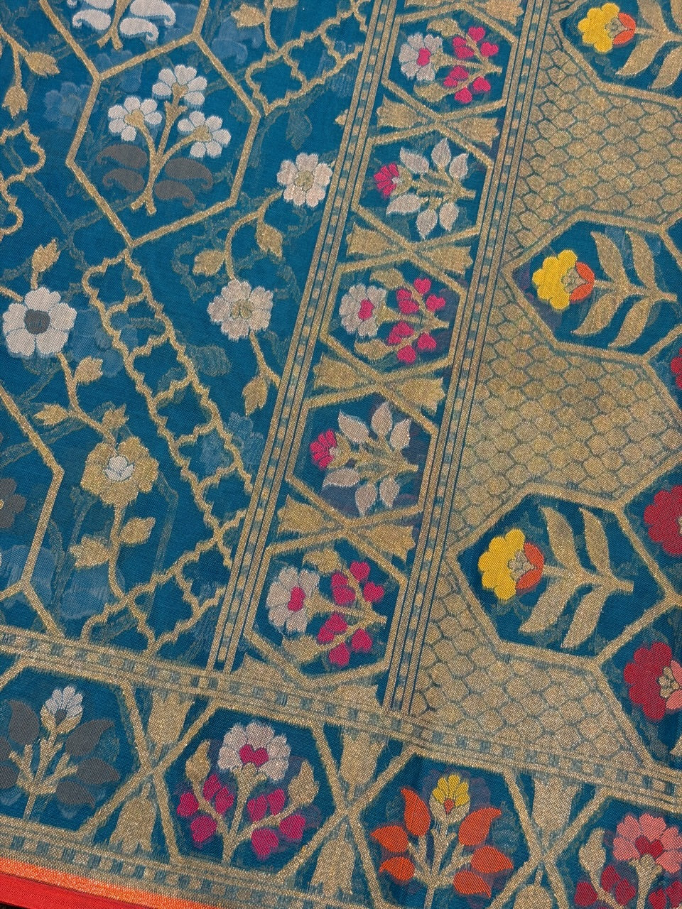 Handwoven Kora Jamdani Silk Saree – Teal Blue  with Floral Zari Border