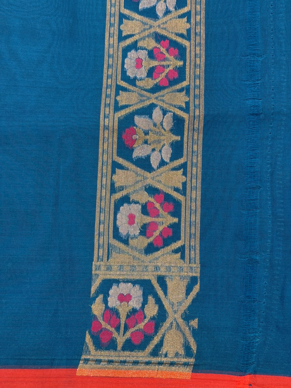 Handwoven Kora Jamdani Silk Saree – Teal Blue  with Floral Zari Border