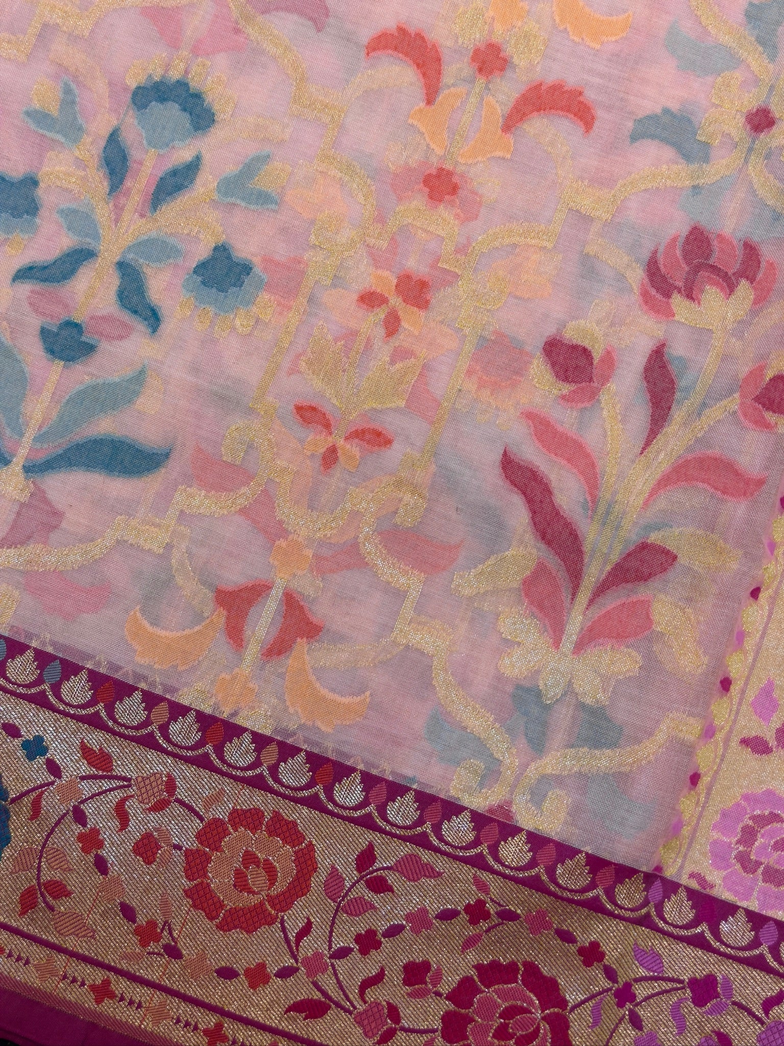 Handwoven Kora Jamdani Silk Saree – Powder Pink with Contrast Floral Zari Border