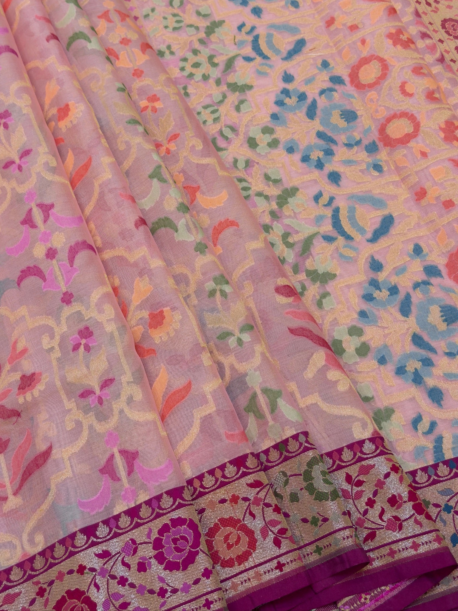 Handwoven Kora Jamdani Silk Saree – Powder Pink with Contrast Floral Zari Border