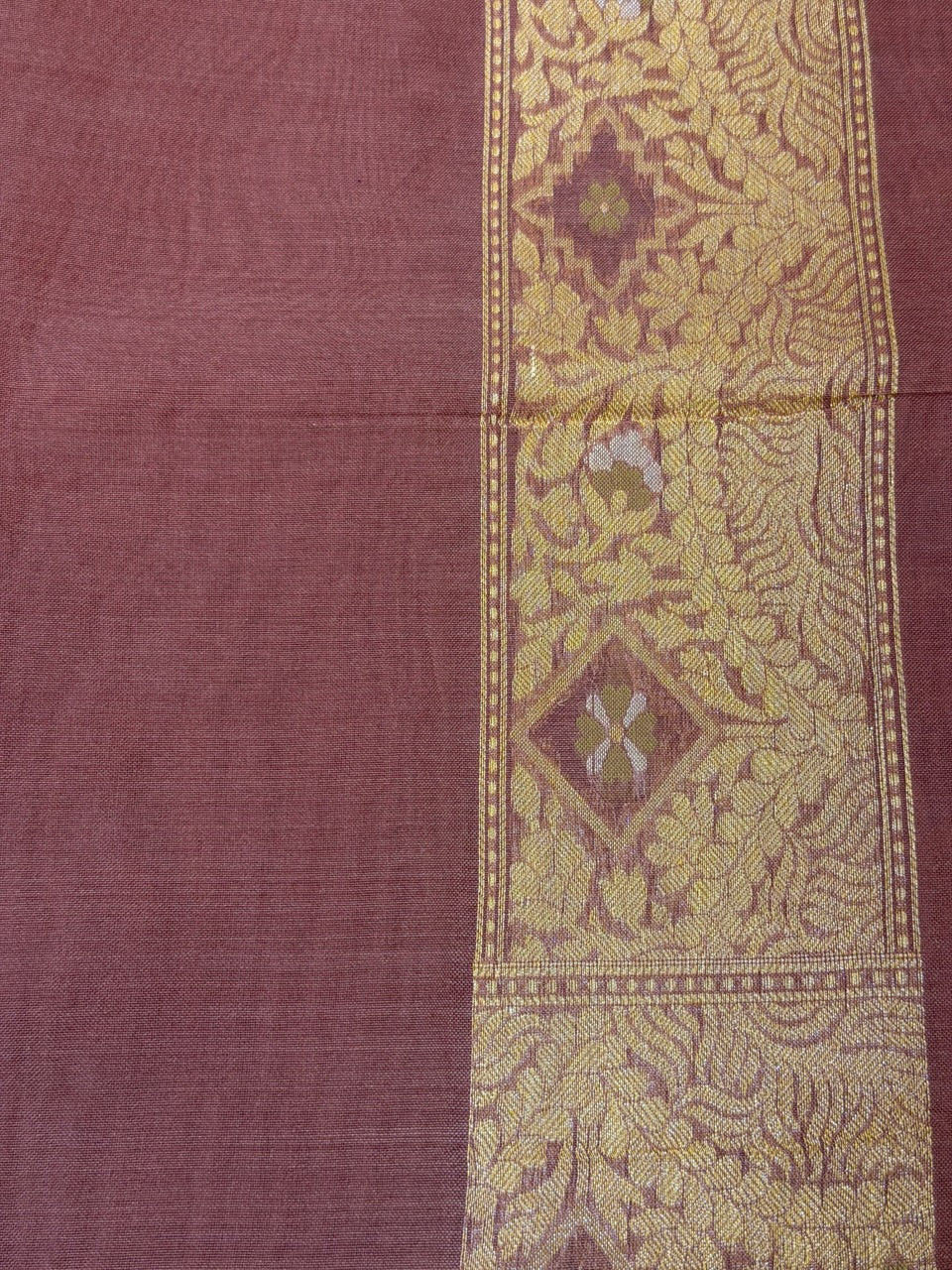 Handwoven Kora Jamdani Silk Saree – Brown with Floral Zari Border